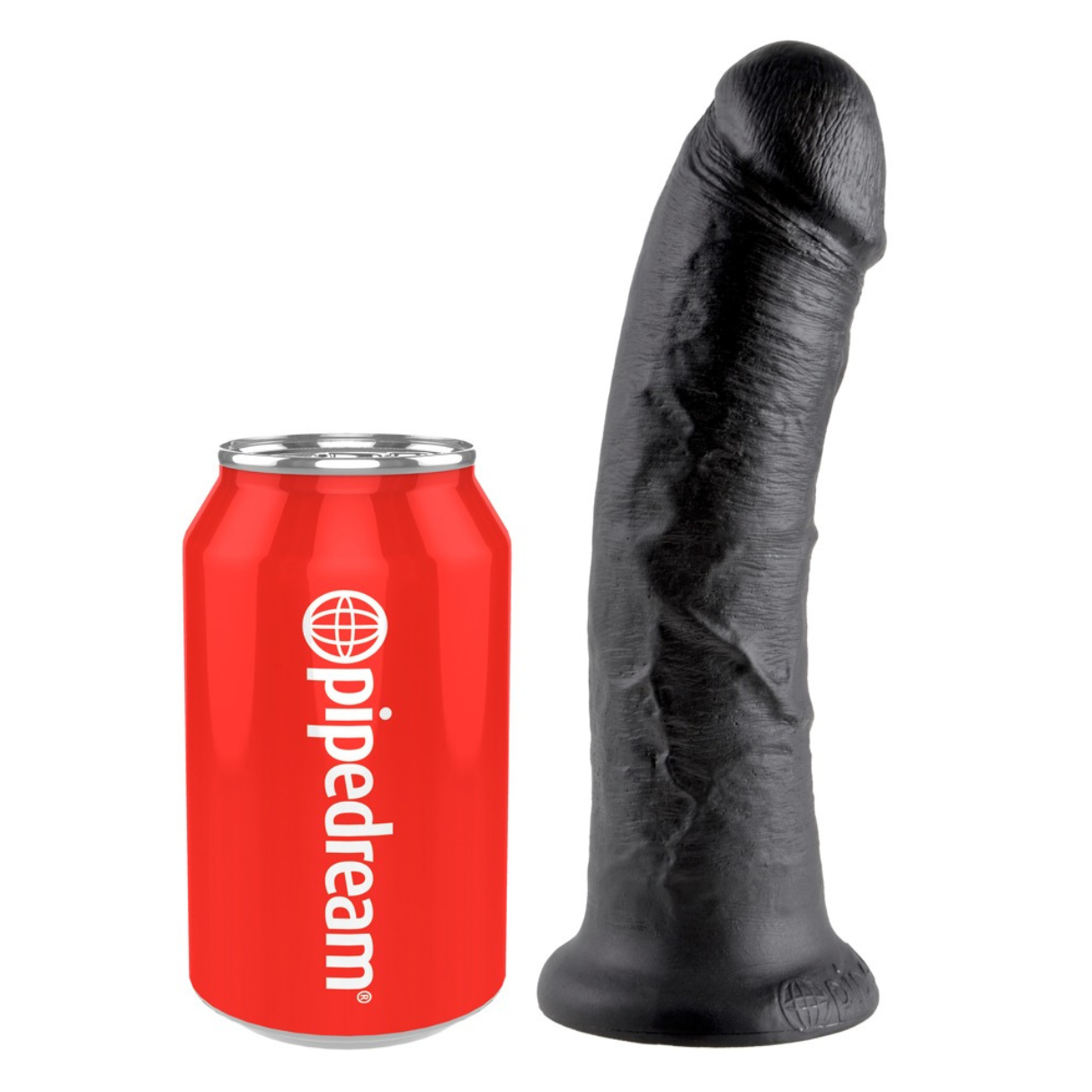 Schwarzer Dildo neben roter Dose, weißer Hintergrund.