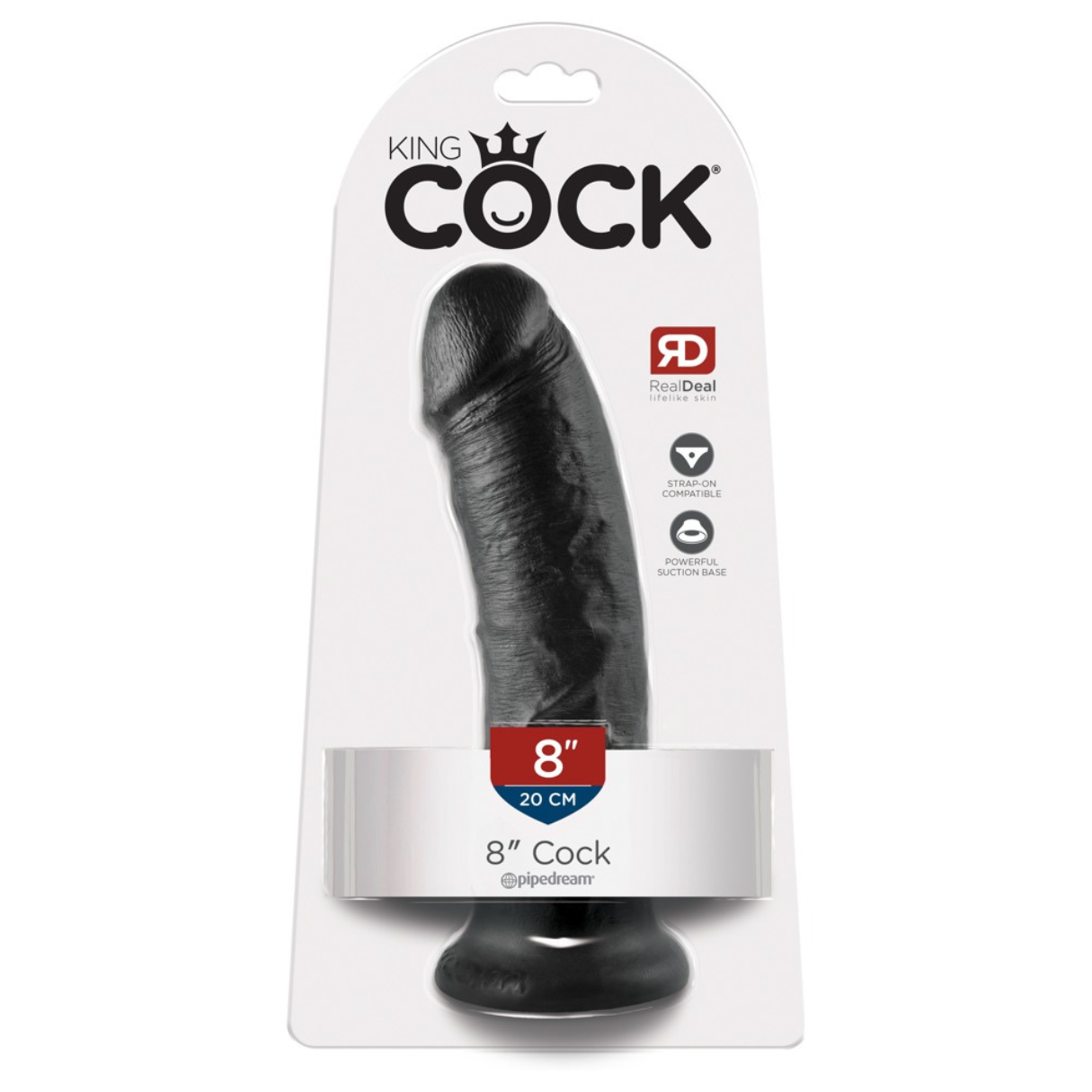 Schwarzer Dildo in Verpackung mit dem Aufdruck "King Cock" oben und Produktdetails.