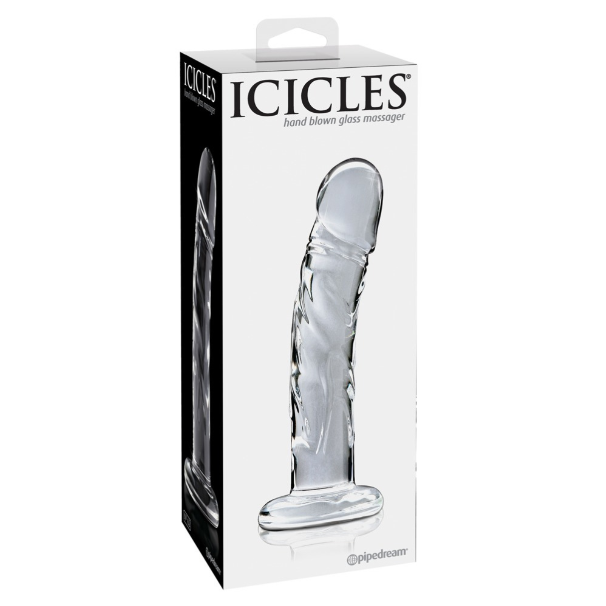 Eine weiße Schachtel mit einem durchsichtigen Glasdildo, beschriftet mit „ICICLES hand blown glass massager“.