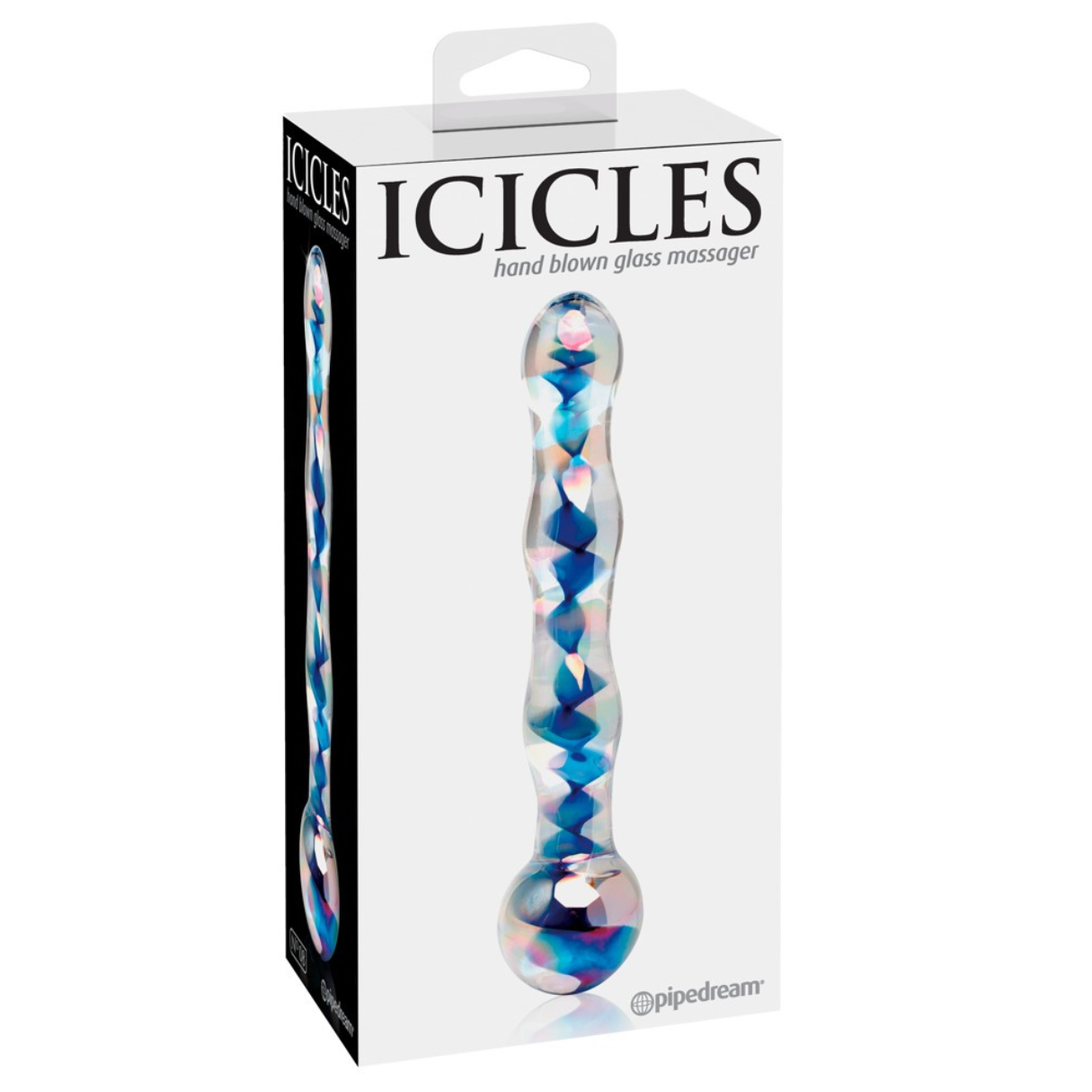 Ein Glasmassagegerät in einer Box, mit blauem, irisierendem Design.