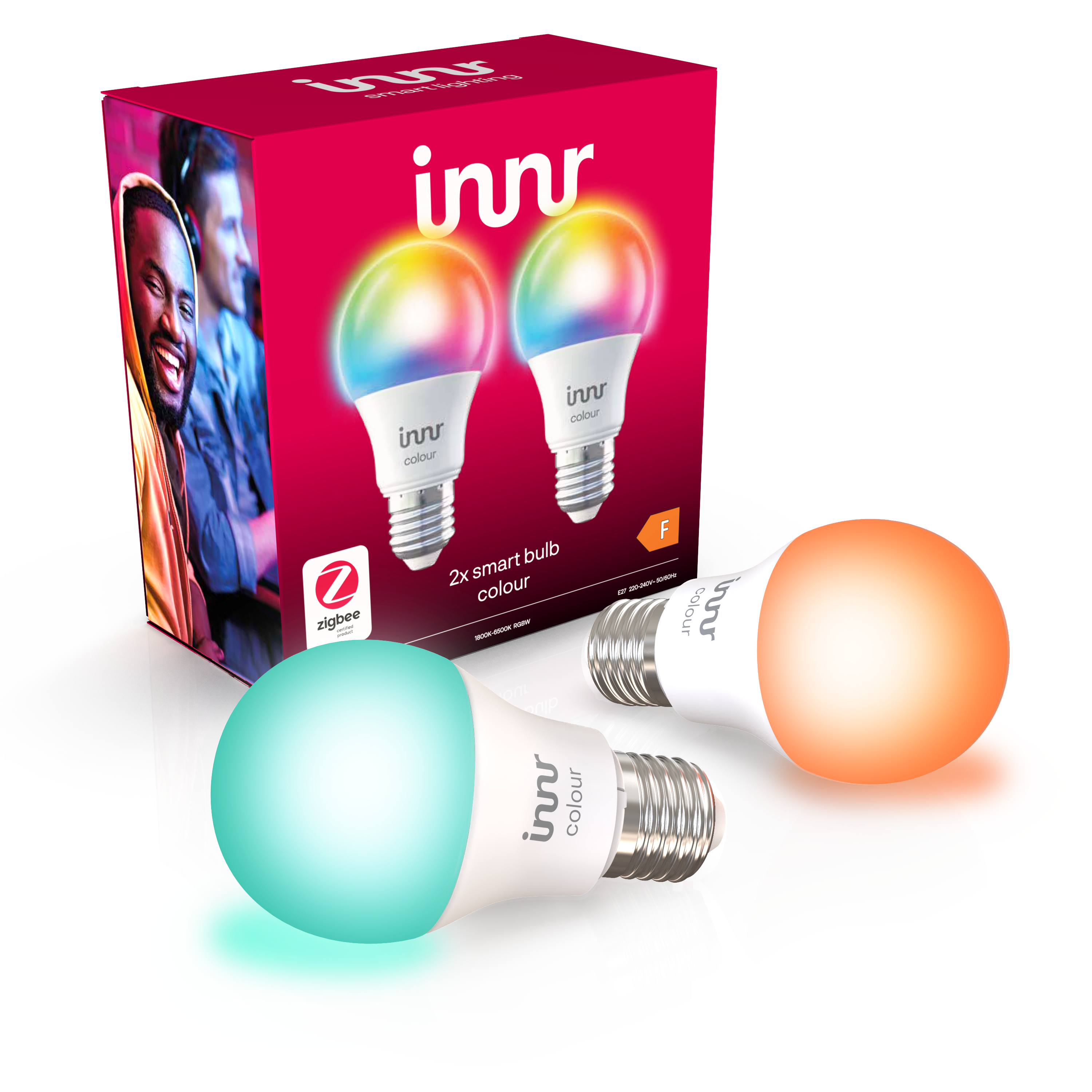Zwei intelligente Glühbirnen mit rotem innr-Paket. Eine Birne ist cyan, eine orange.