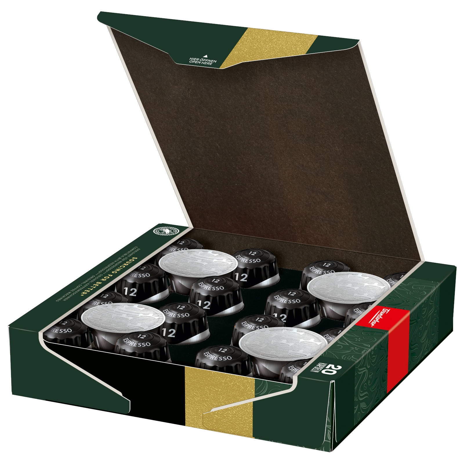 Geöffnete Schachtel mit Espresso-Kapseln. Dunkelgrüne Schachtel, goldene Akzente und schwarze Kapseln.