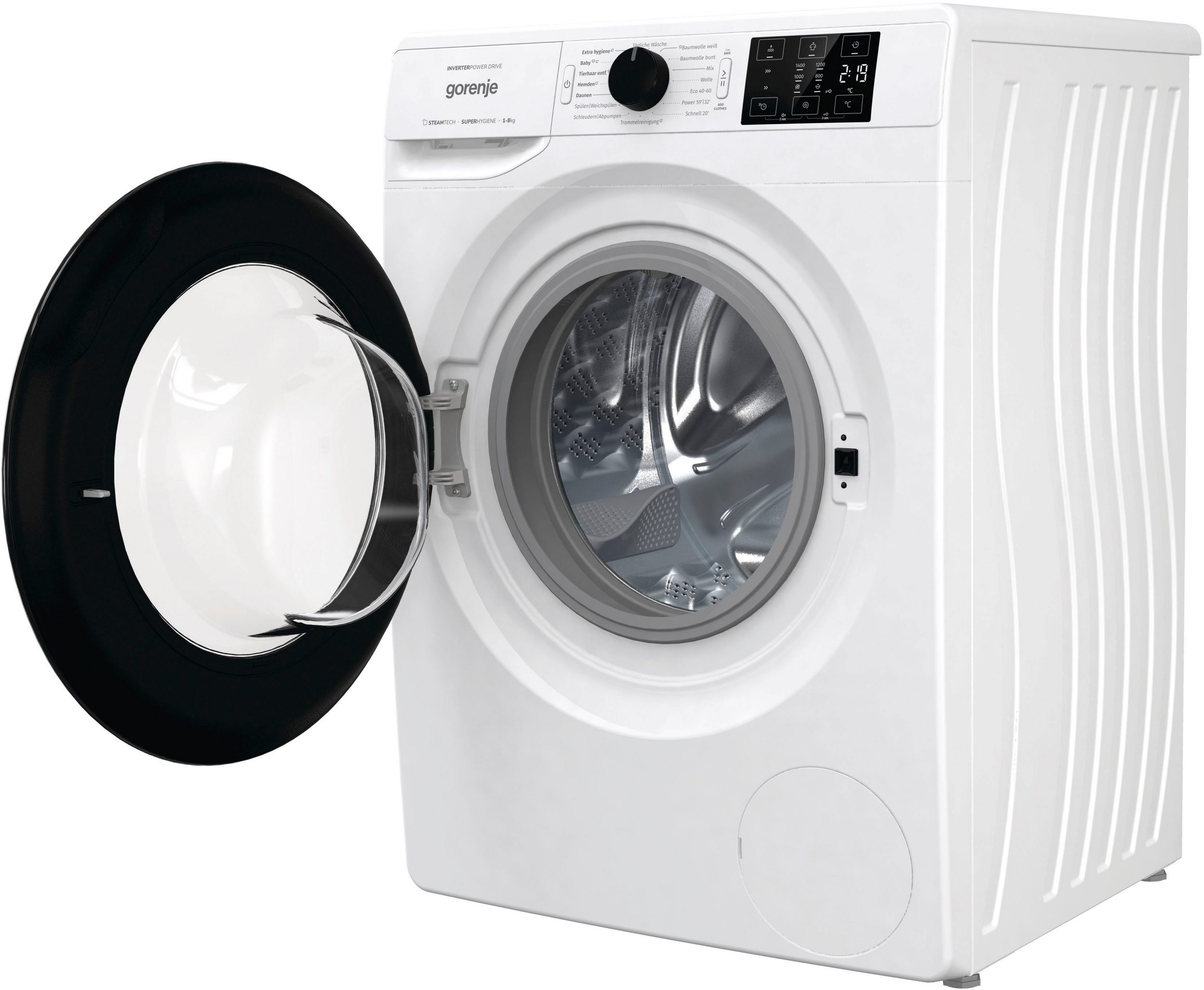 Weiße Gorenje Waschmaschine mit geöffneter Tür. Eine weiße Wand im Hintergrund.