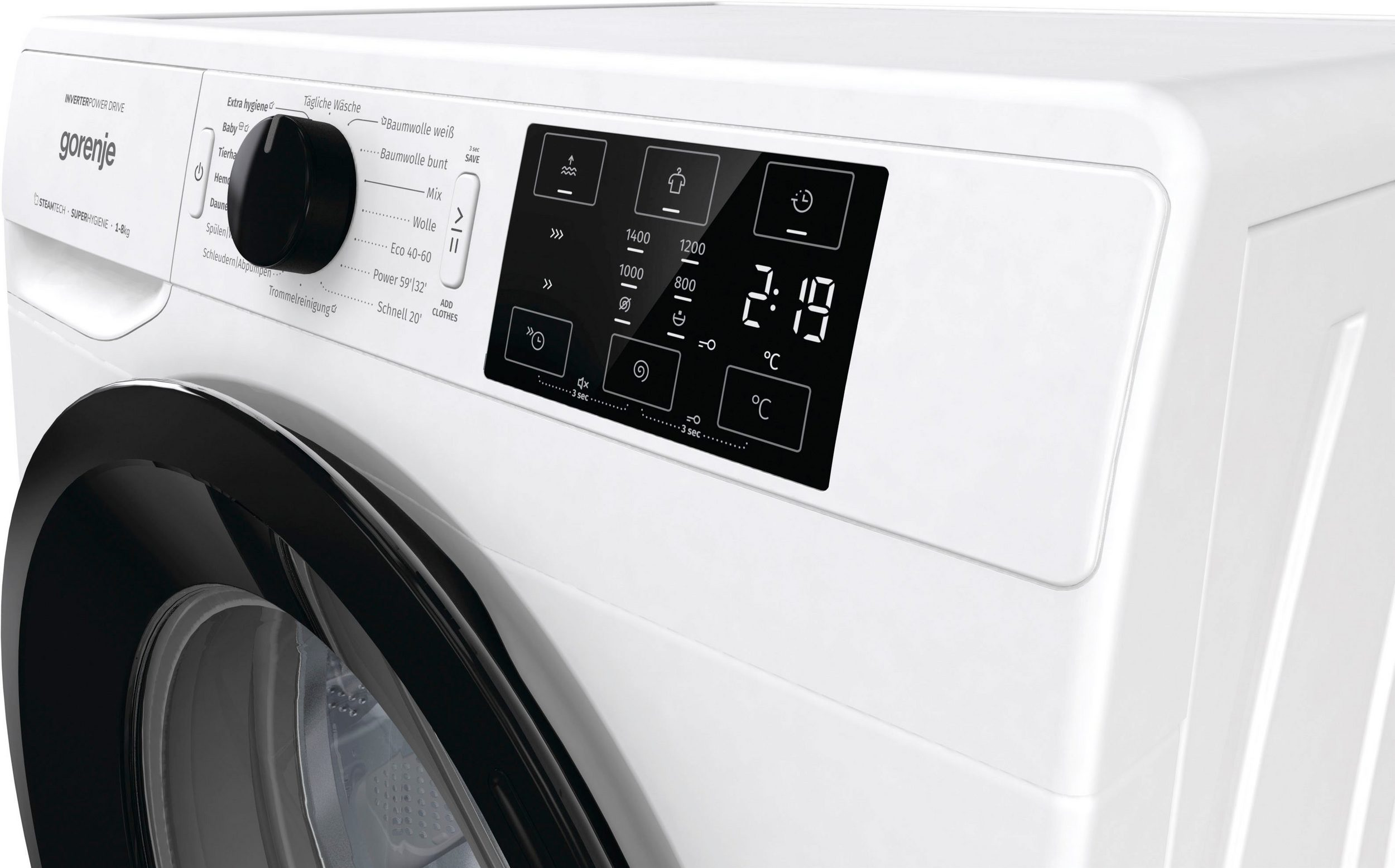 Weißes Gorenje Waschmaschinen-Bedienfeld mit Digitalanzeige und verschiedenen Tasten.