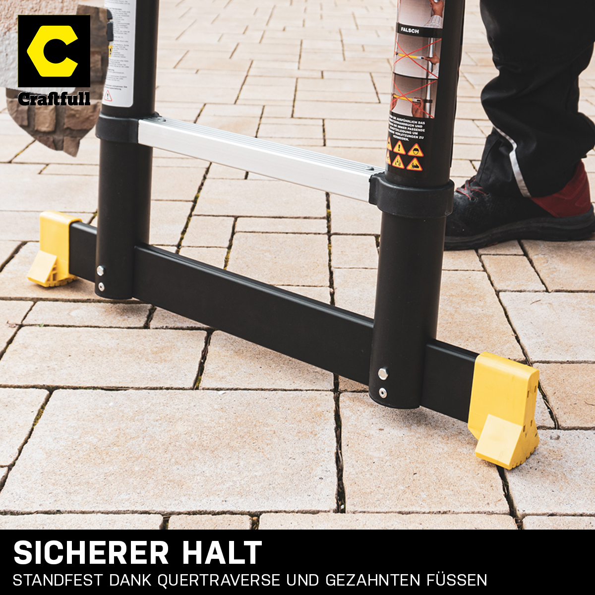 Leiter mit gelben Füßen und Beinen eines Mannes sichtbar. Text 'Craftfull'.