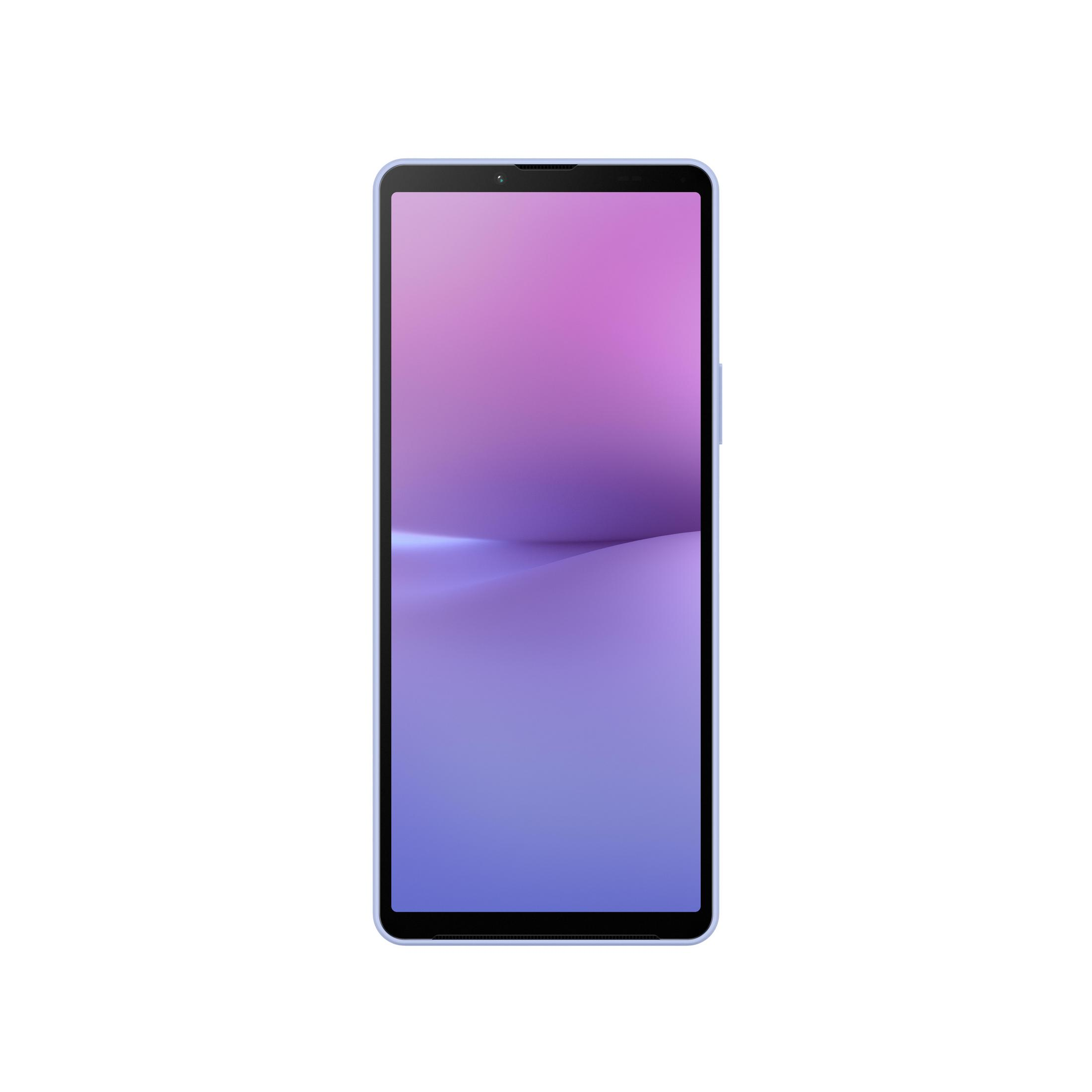 Niebieski smartfon z ekranem wyświetlającym gradient od niebieskiego do fioletowego.