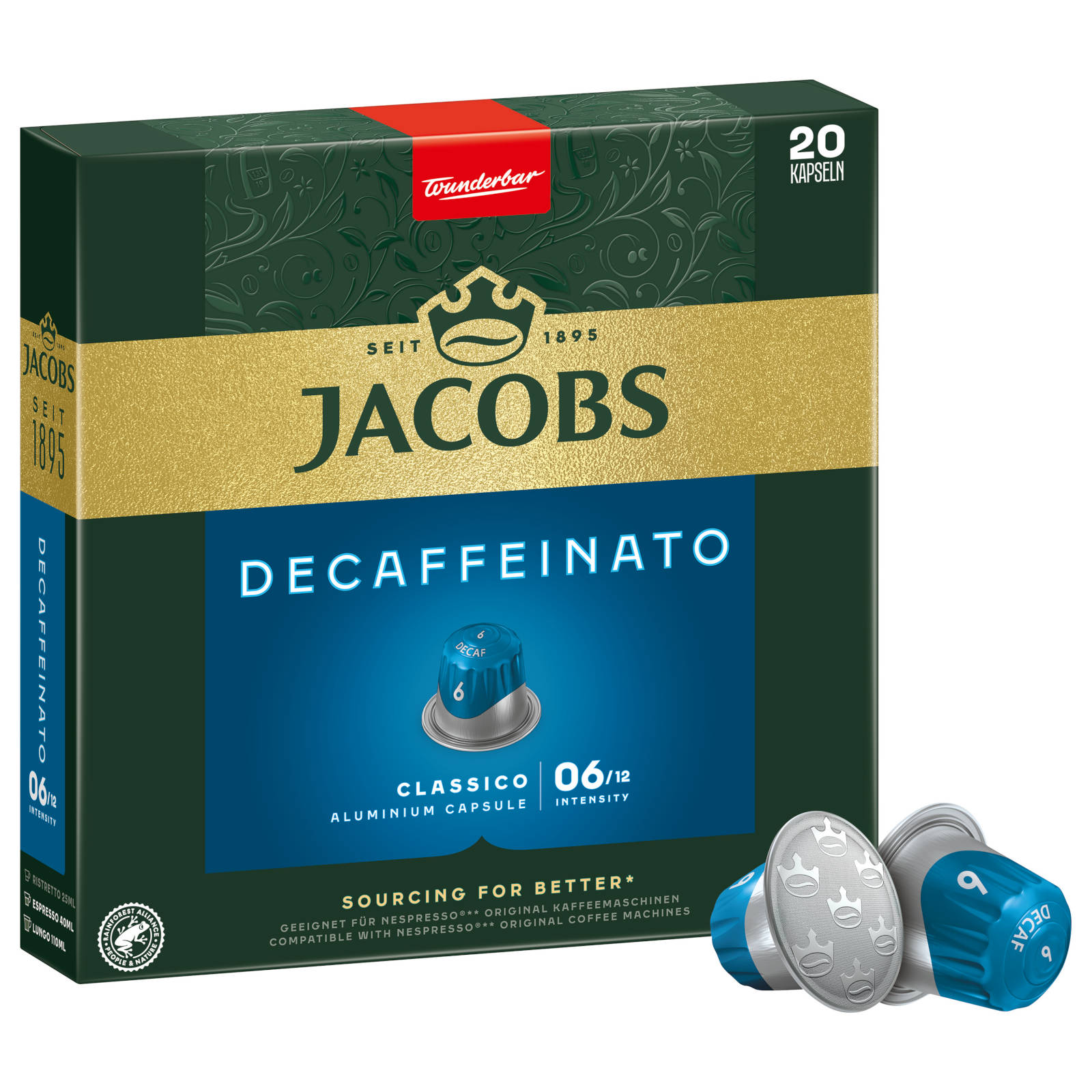 Jacobs Decaffeinato Kaffeekapsel-Box. Dunkelgrüne Box mit blau-goldenen Akzenten.