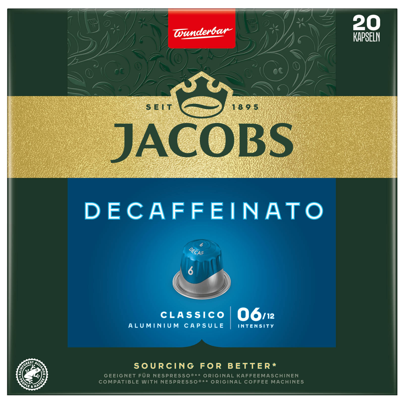 Jacobs Decaffeinato Kaffeekapselbox. Gold- und Grüntöne. Enthält 20 Kapseln.