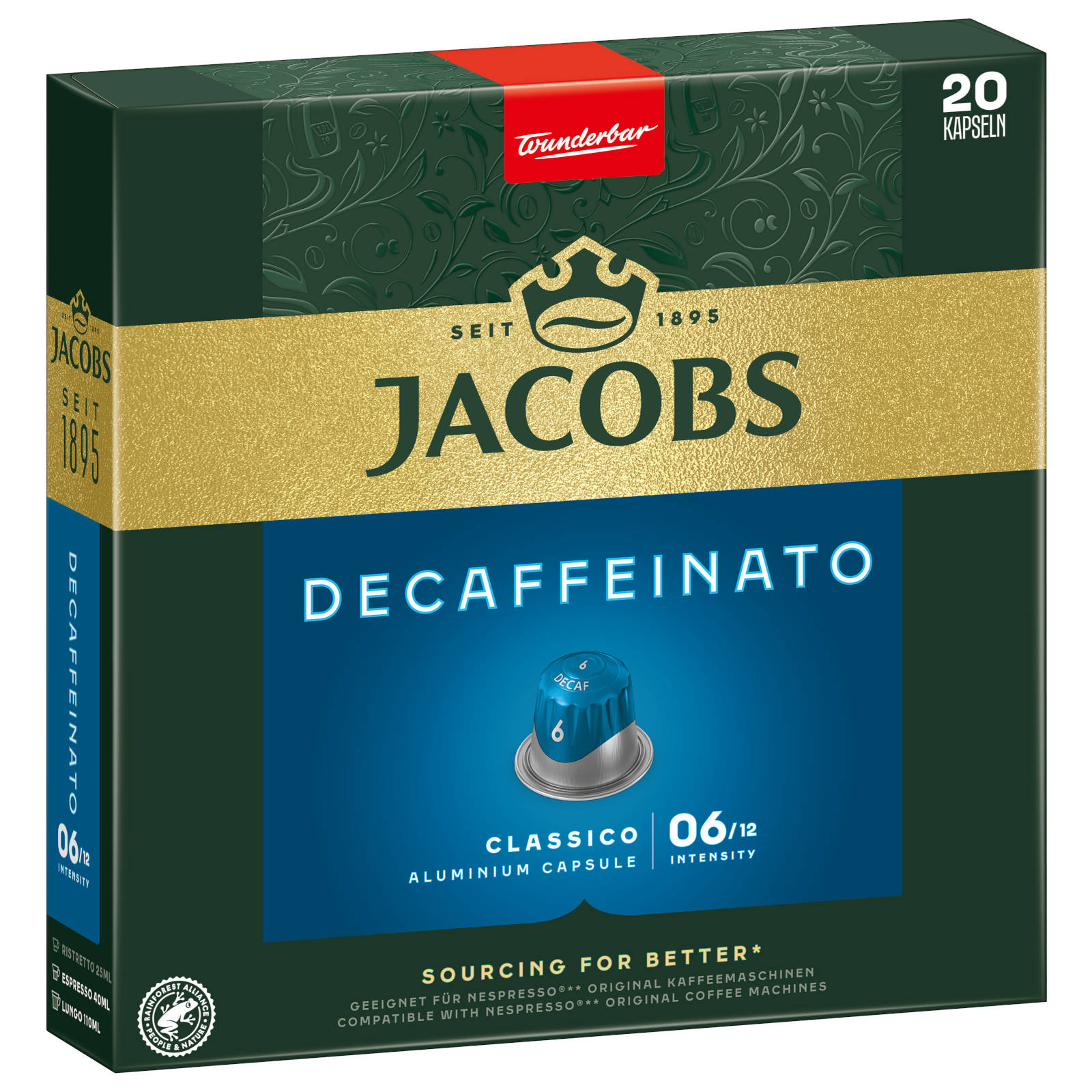 Schachtel mit Jacobs Decaffeinato Kaffeekapseln. Sie hat einen grünen Grund mit goldenem Jacobs-Logo und Text.