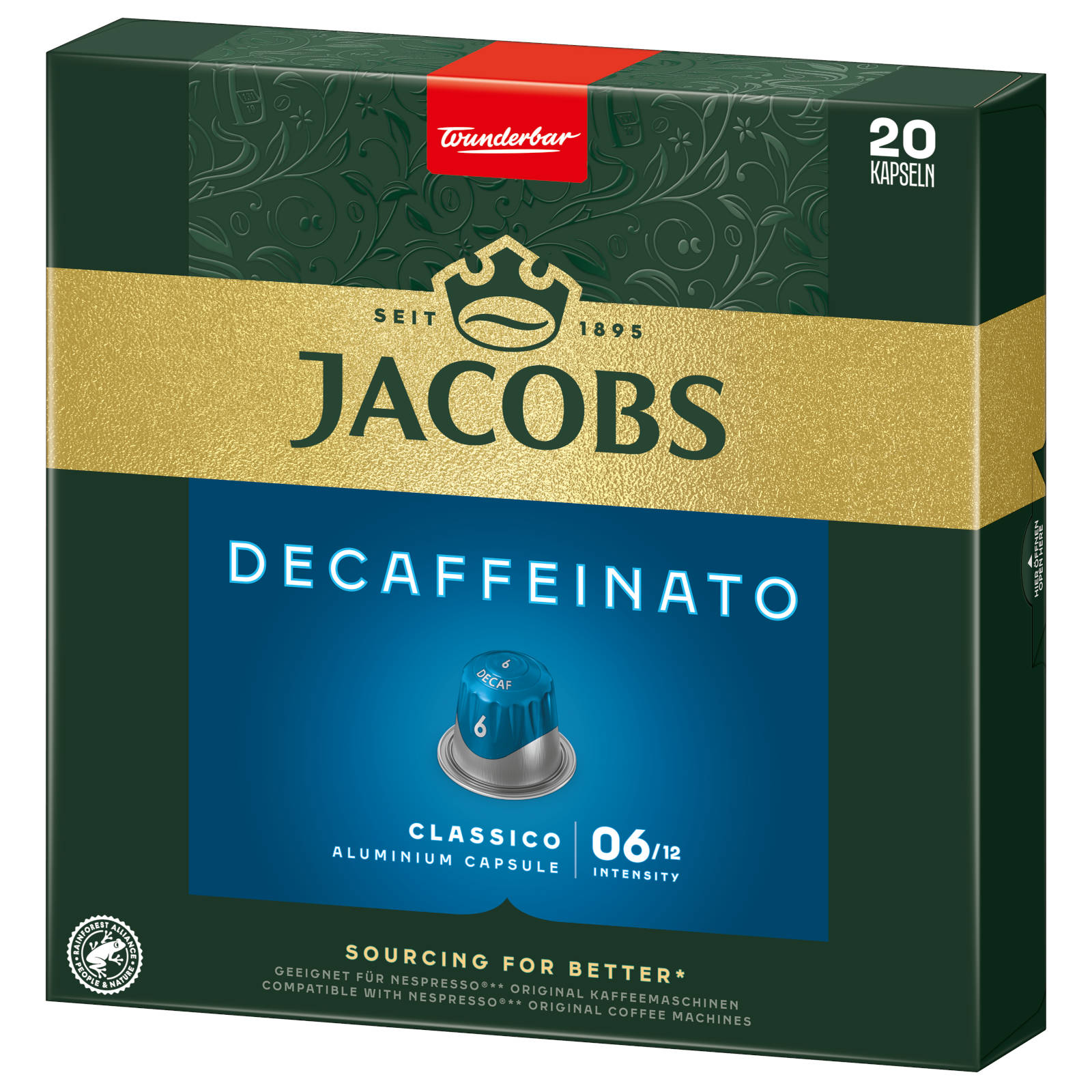 Grüne und goldene Kaffeebox mit der Aufschrift 'Jacobs Decaffeinato'.