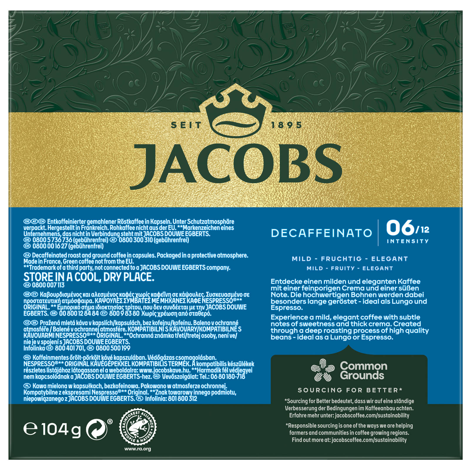Jacobs Kaffeeverpackung mit Text, einschließlich 'Decaffeinato', 'Mild-Fruity-Elegant'.