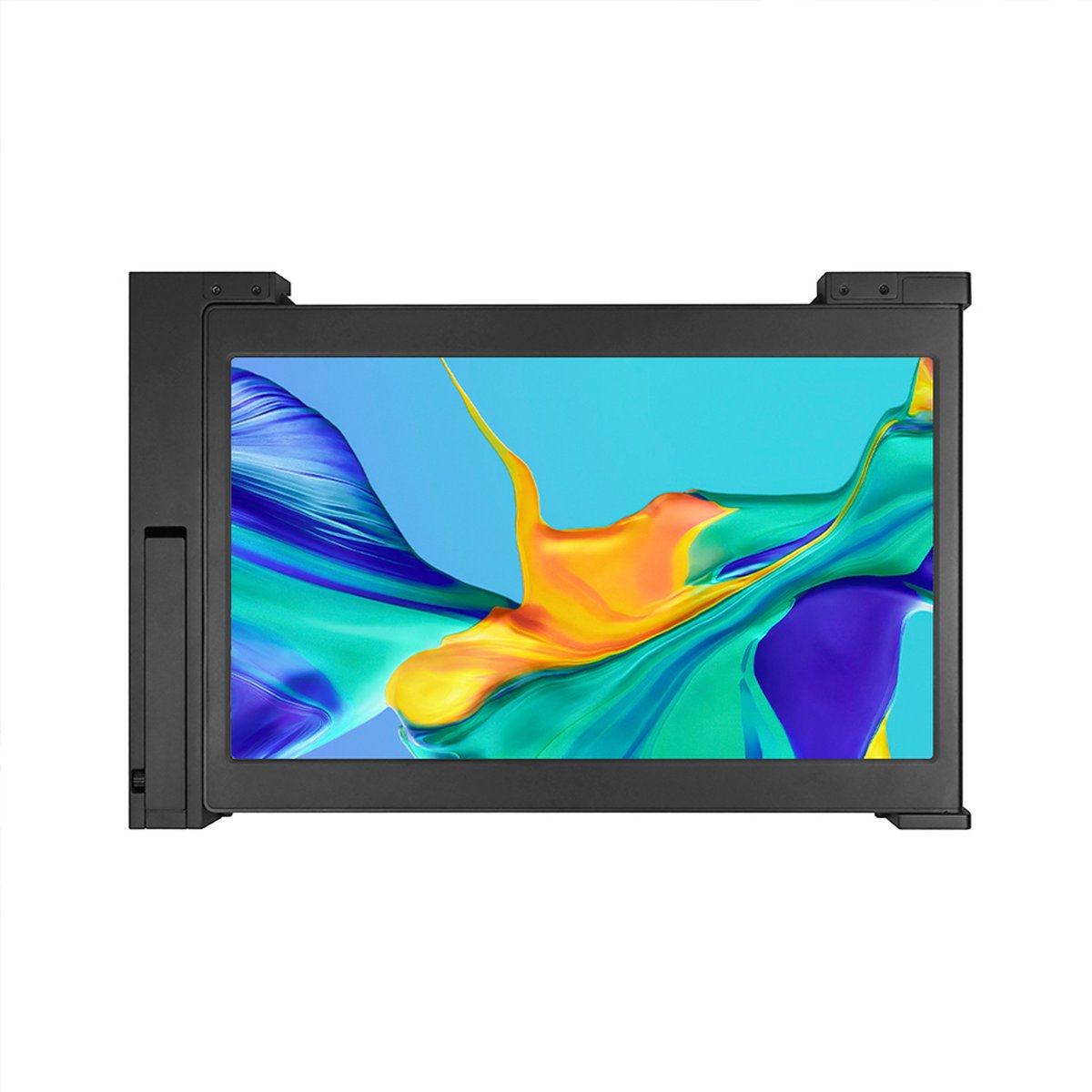 Czarny monitor wyświetlający kolorowy obraz. Monitor jest obramowany czarną ramką.