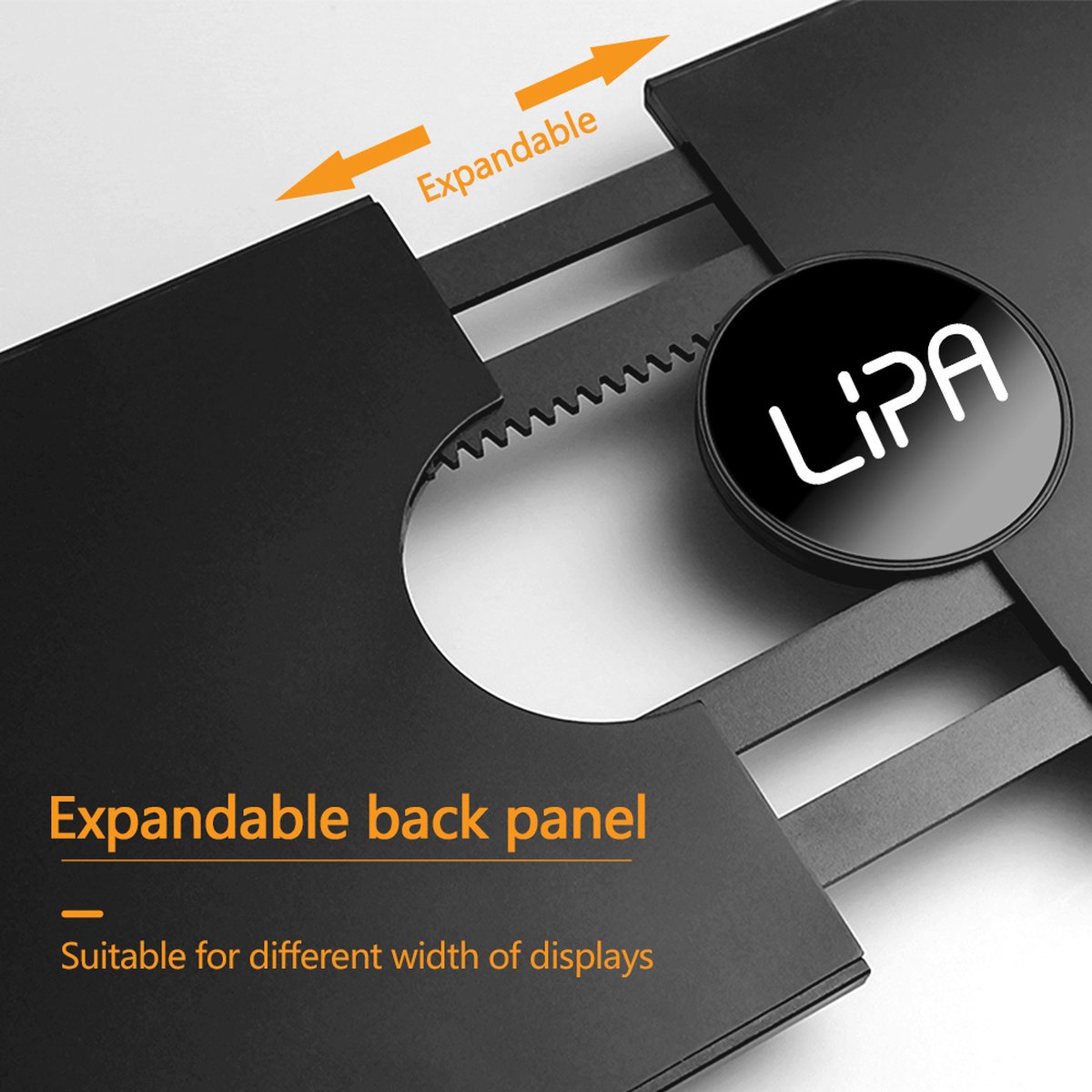 Rozkładany czarny panel tylny z logo LIPA. Panel jest odpowiedni do szerokich wyświetlaczy.