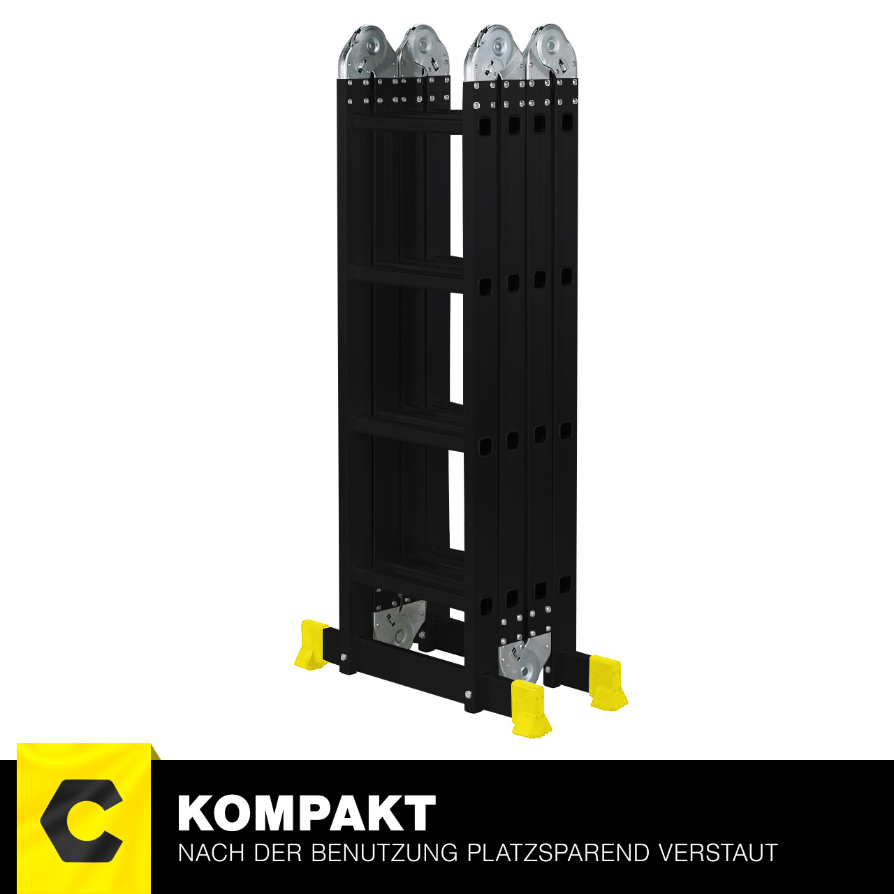 Schwarz-silberne Klappleiter, gelbe Füße. Text sagt 'Kompakt' und 'Platzsparend verstaut' auf der Vorderseite.