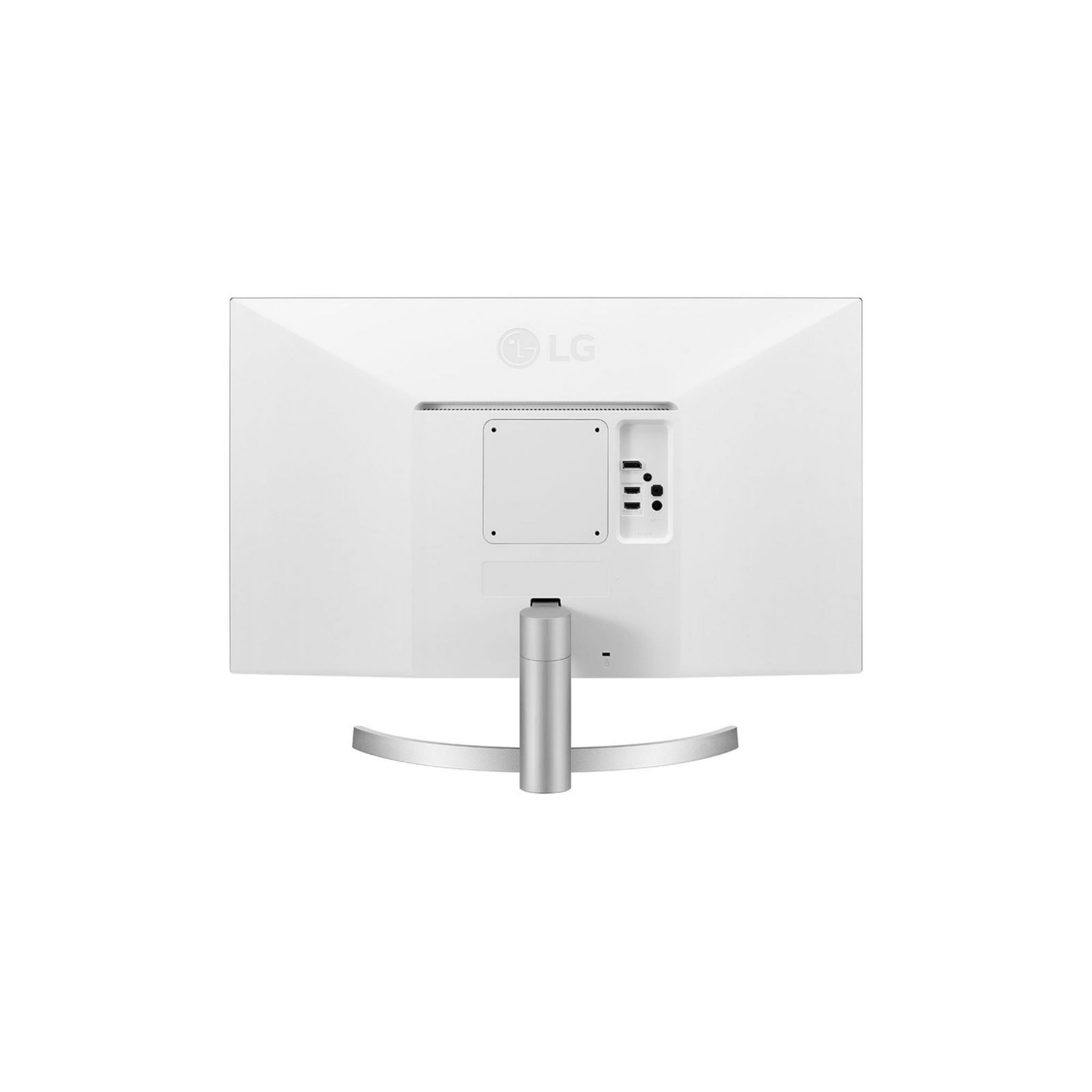 Tył białego monitora komputerowego z portami i podstawką. Widoczna jest marka LG.