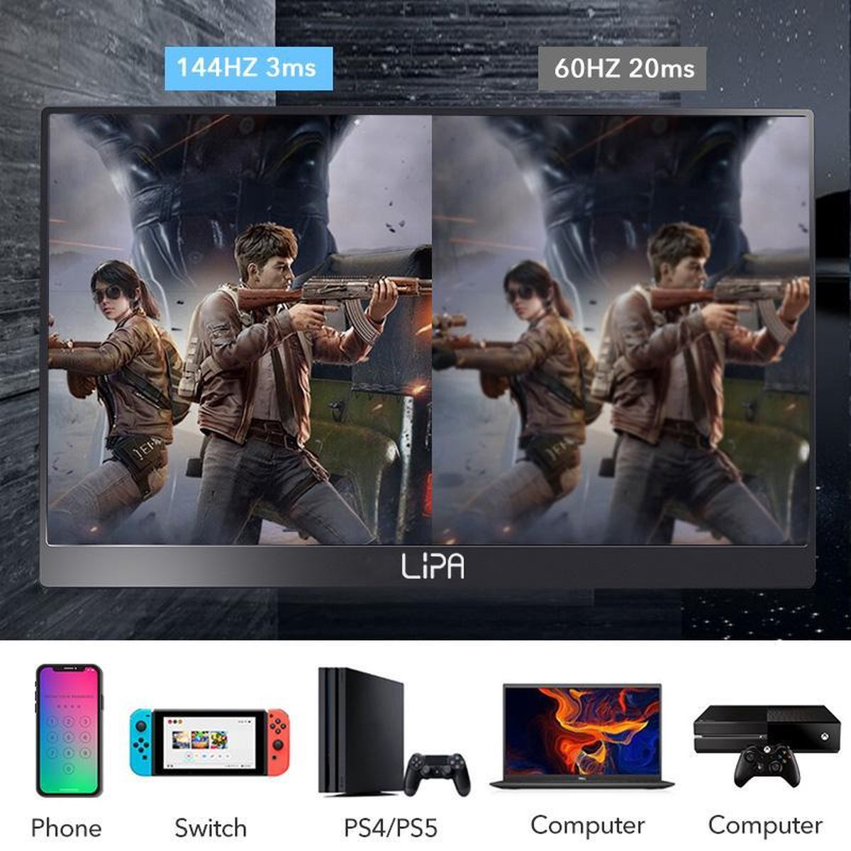 Monitor wyświetlający grę z różnymi urządzeniami poniżej.