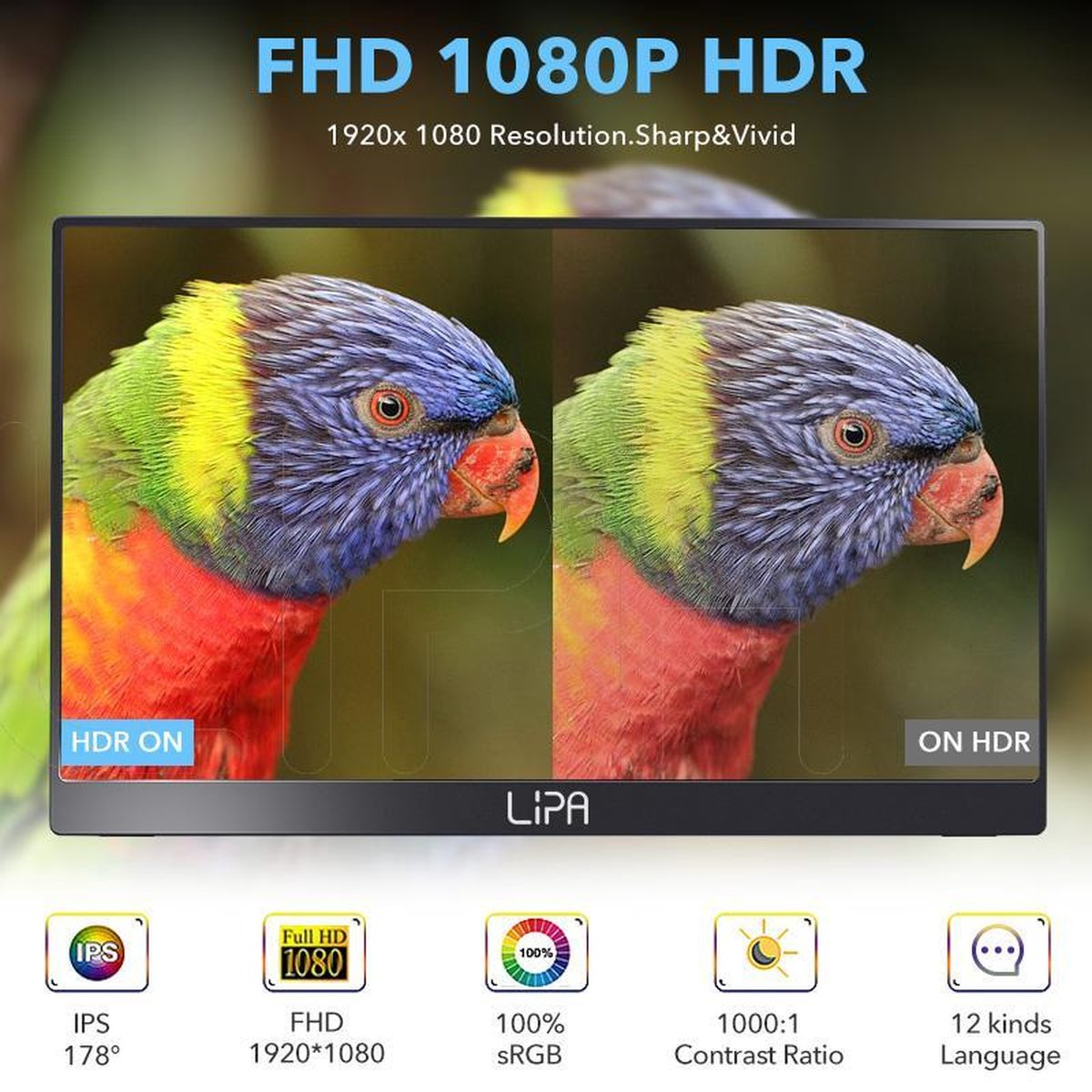 Monitor wyświetla dwa obrazy papugi. Tekst na górze brzmi: FHD 1080P HDR.