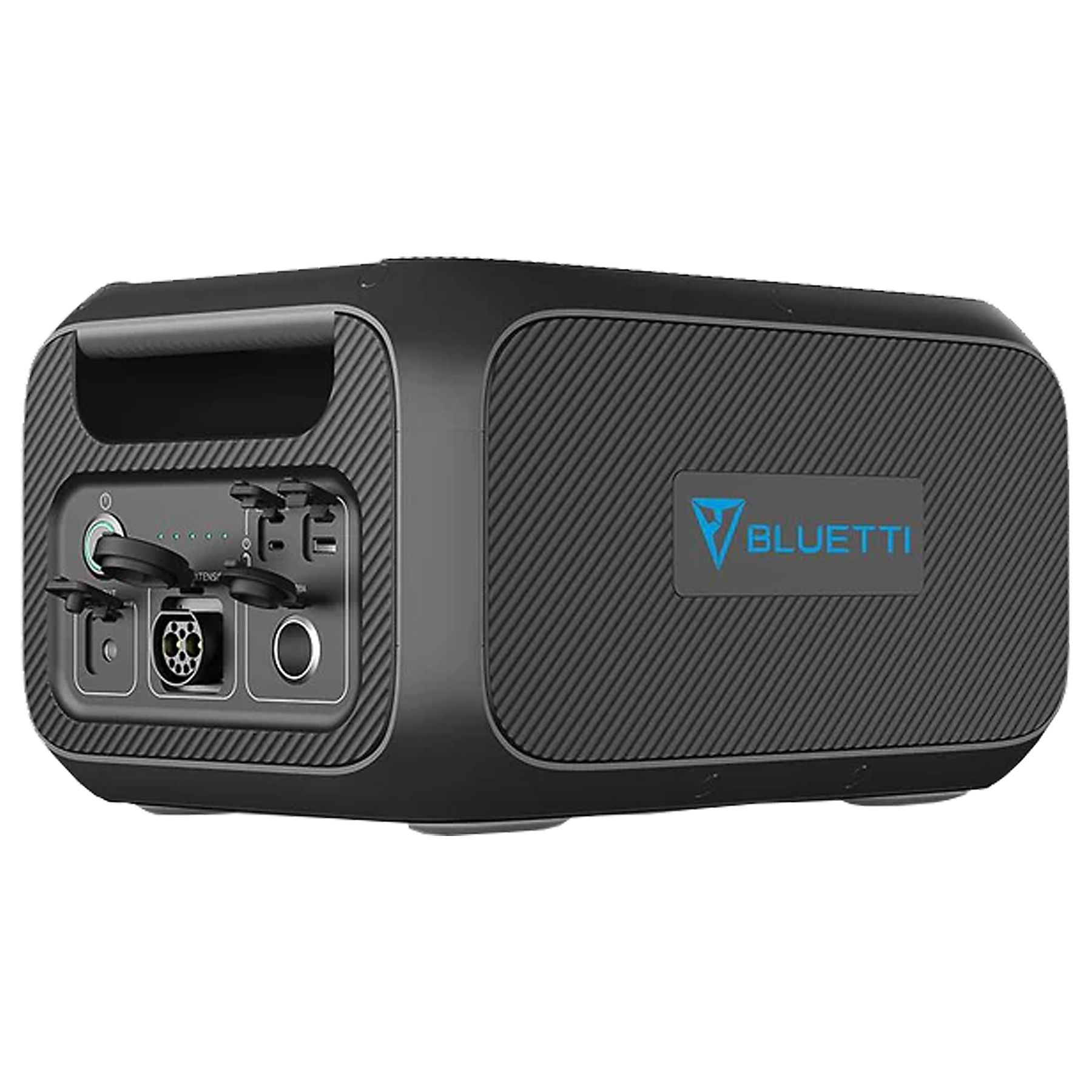 Czarna stacja zasilania z logo Bluetti. Posiada kilka portów i uchwyt. Design jest solidny.