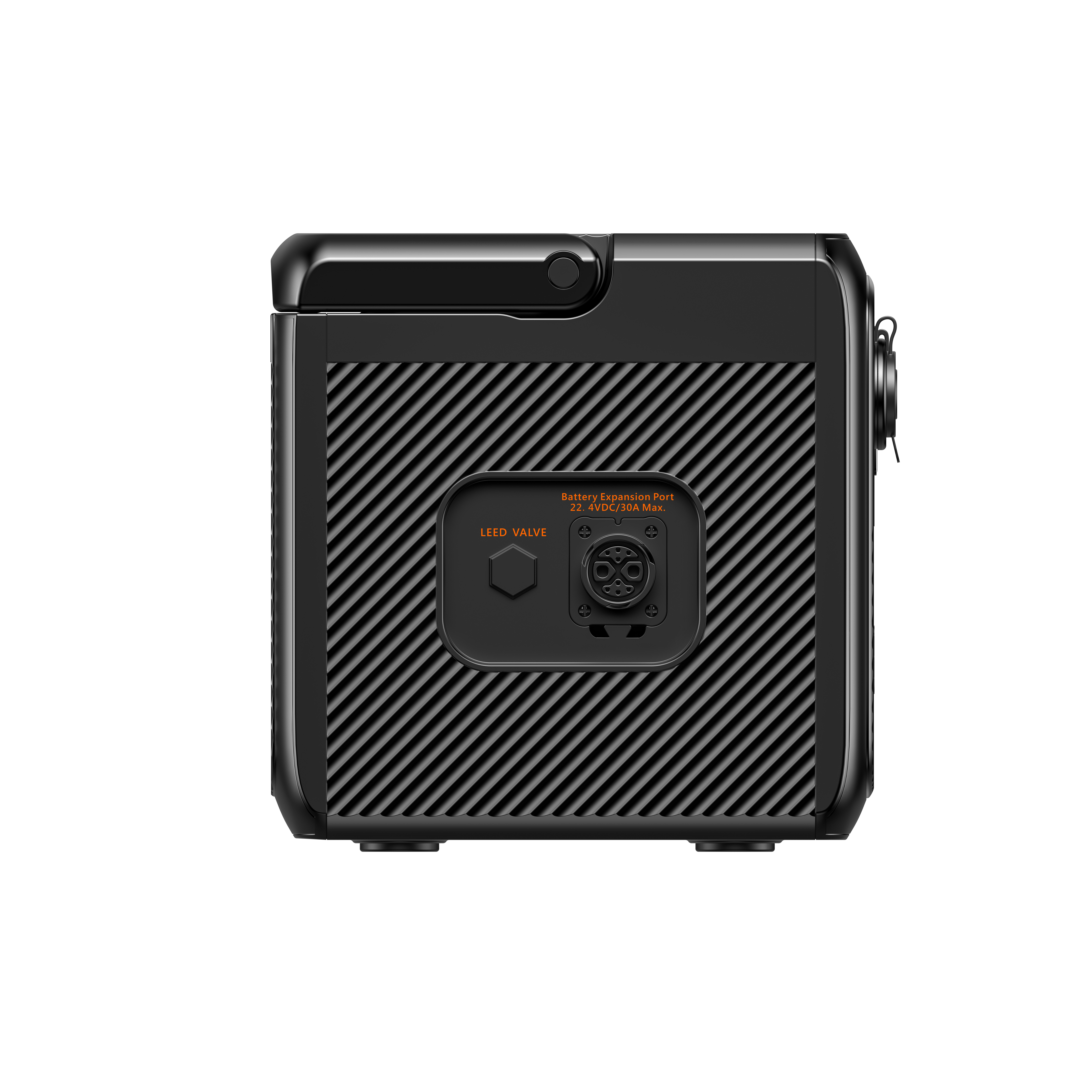 Czarna stacja zasilania z teksturą grilla. Szczegóły obejmują zawór i port rozszerzenia baterii.