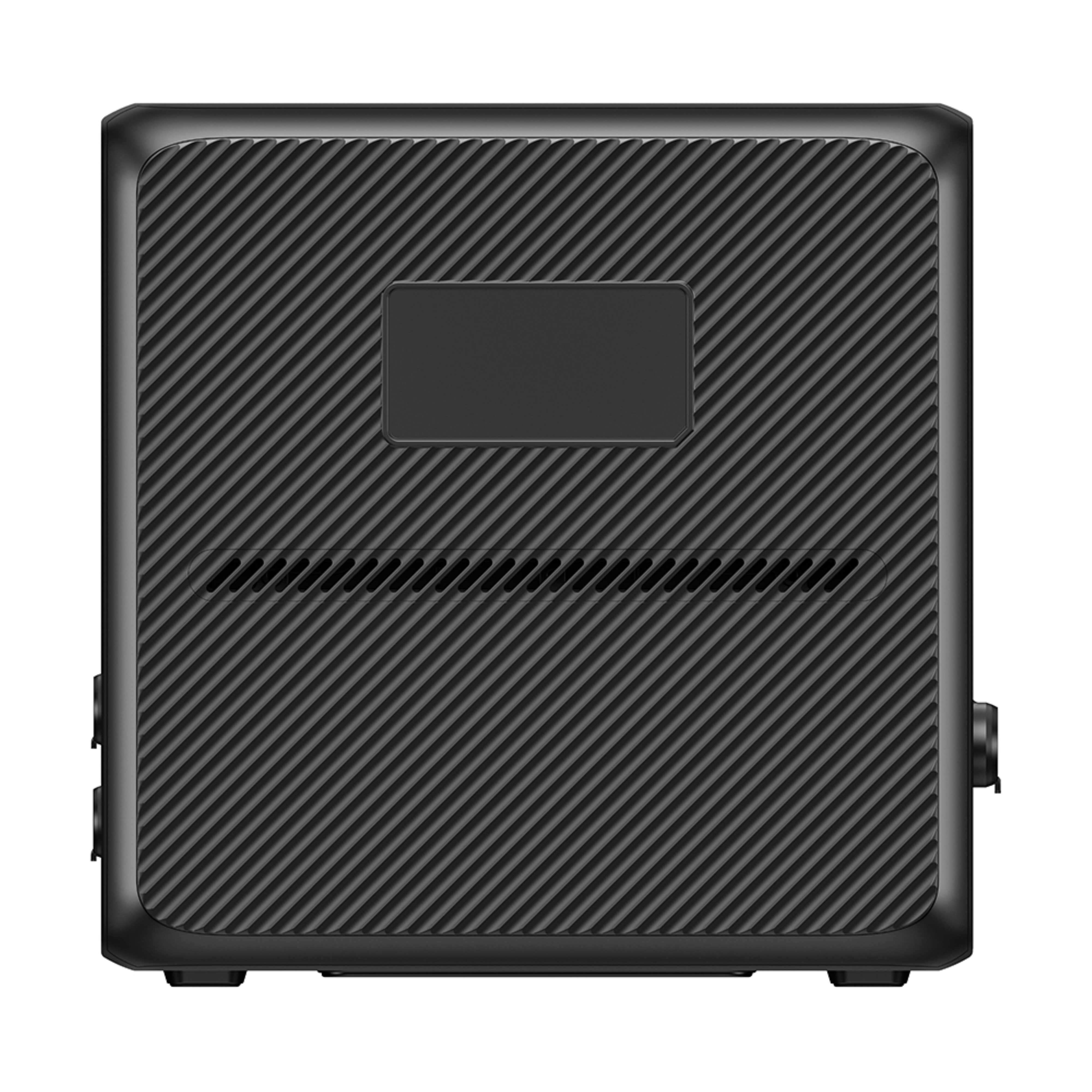 Czarne urządzenie w kształcie kostki z teksturowaną powierzchnią, otworami wentylacyjnymi i małym panelem z przodu.