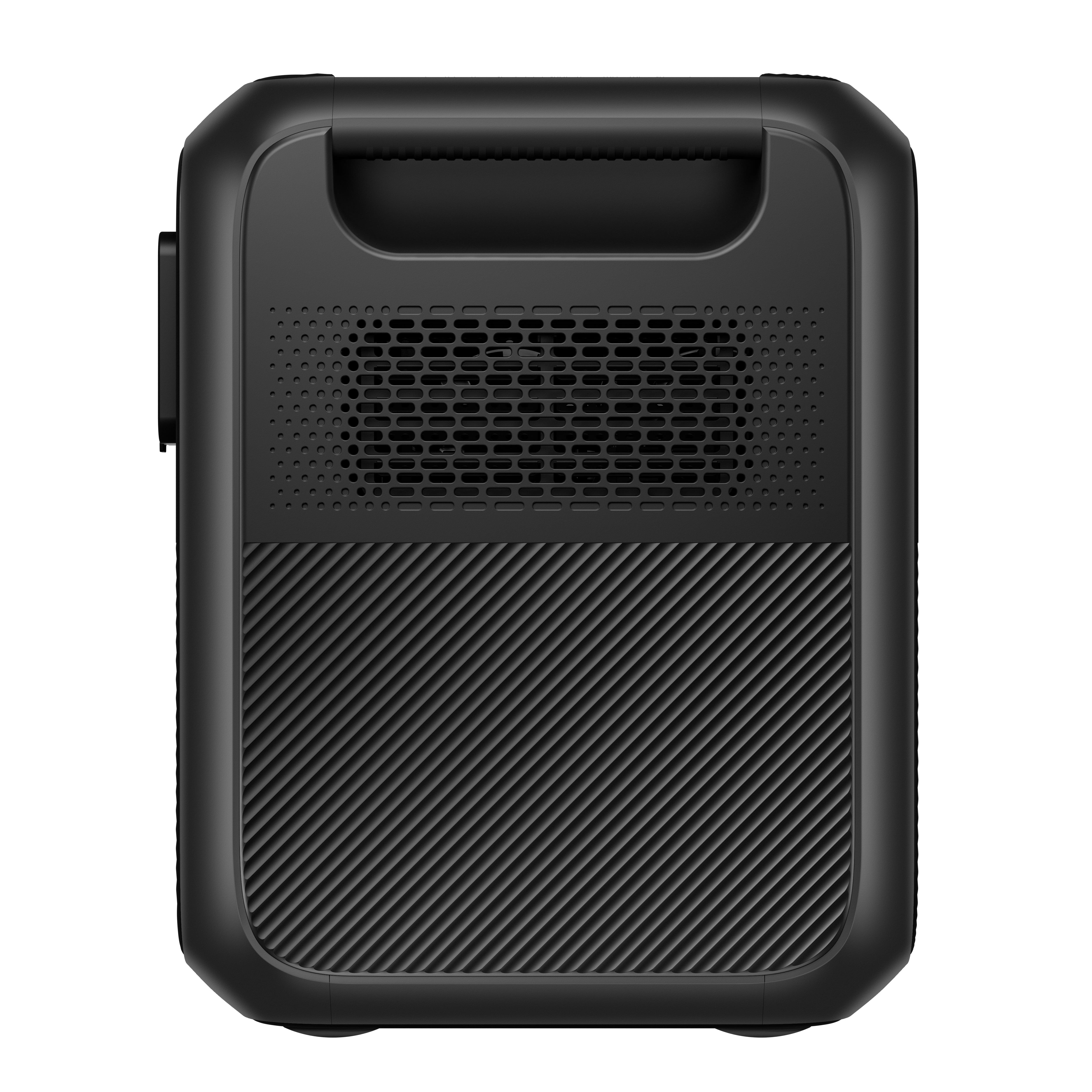 Czarna przenośna stacja zasilania z uchwytem i teksturowanym panelem przednim.