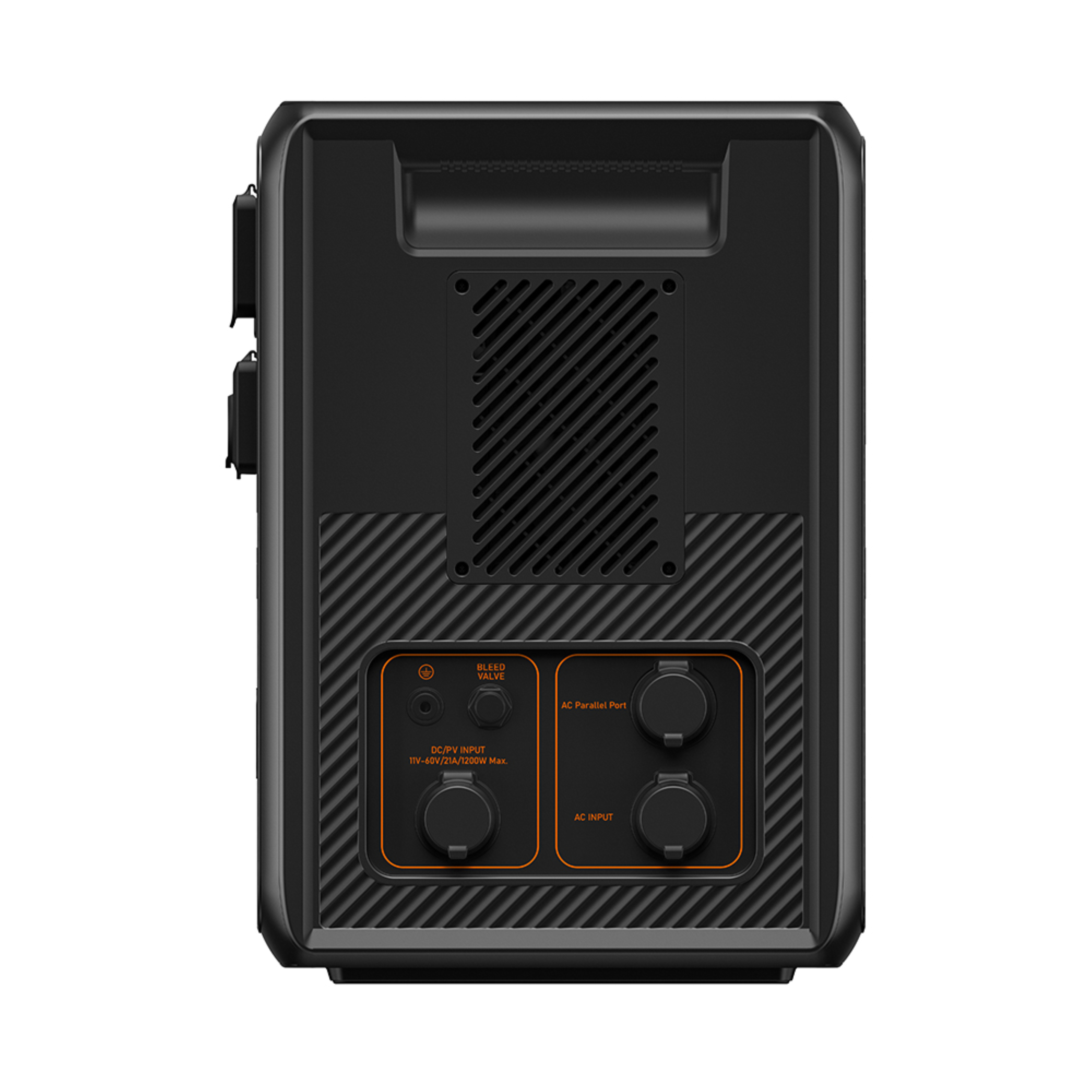 Widok z tyłu czarnej elektrowni, pokazujący porty wejścia i wyjścia.