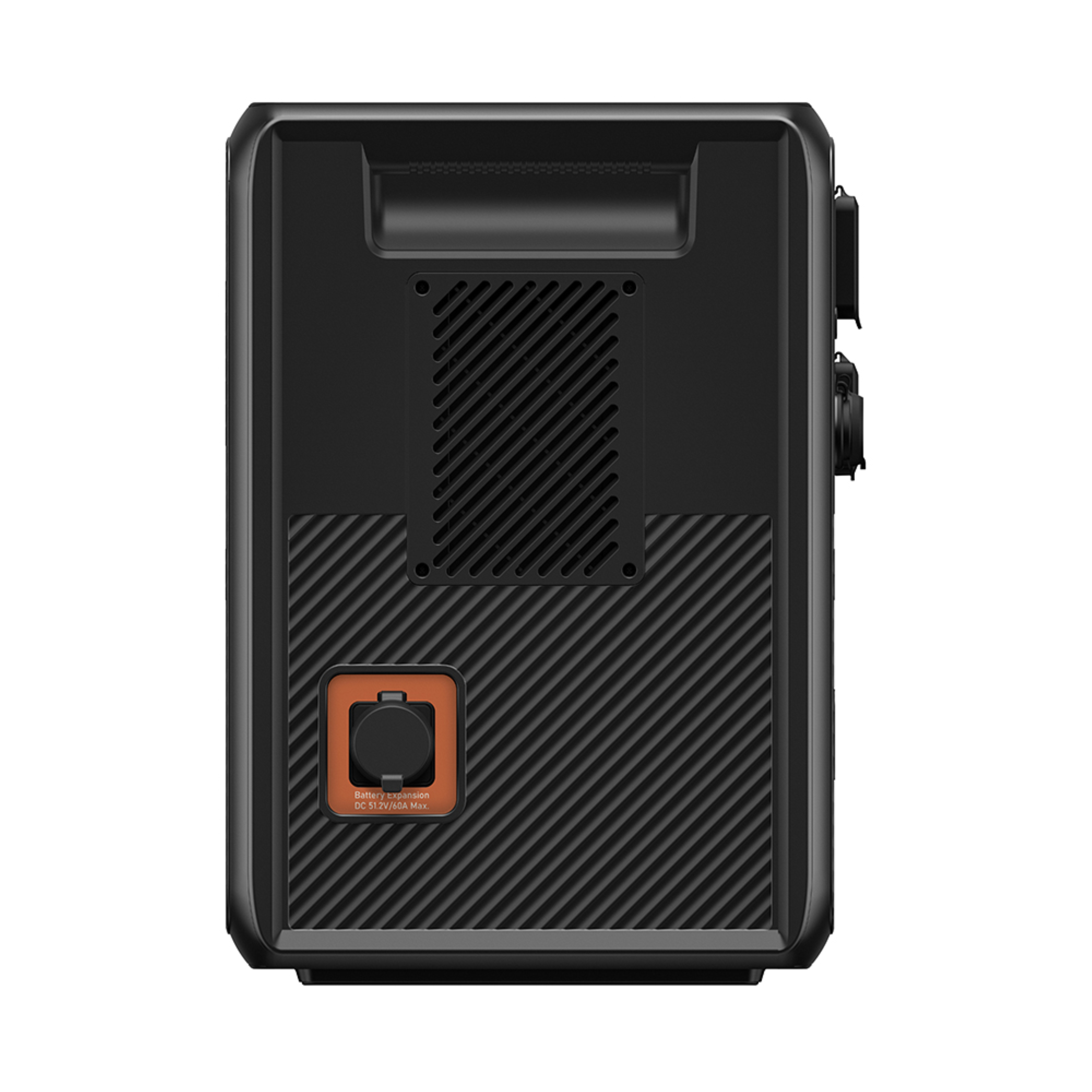 Czarna przenośna elektrownia z różnymi portami i wpuszczonym pomarańczowym gniazdem zasilania.