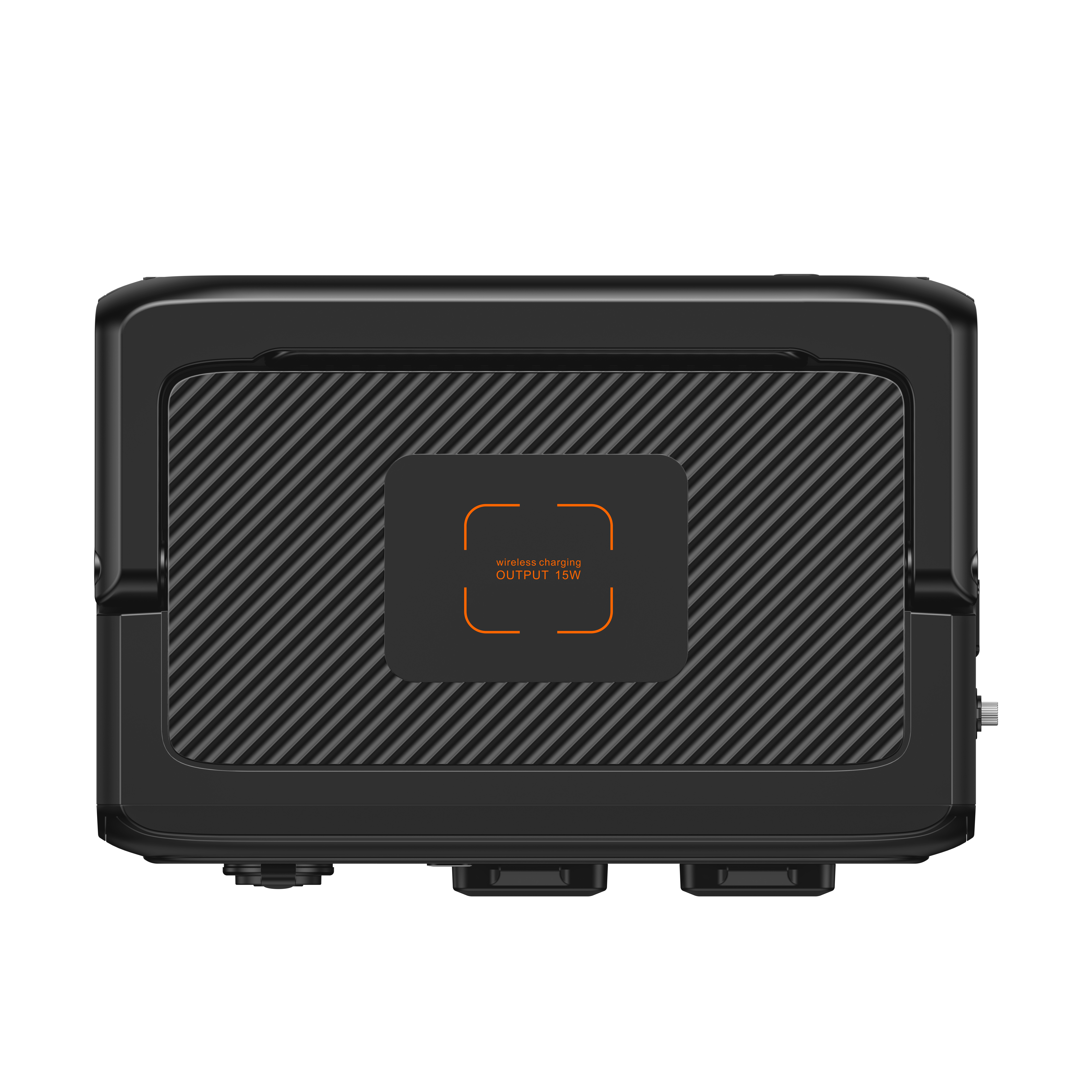 Czarna ładowarka bezprzewodowa z teksturowaną powierzchnią, pomarańczowym tekstem i wskaźnikiem ładowania.
