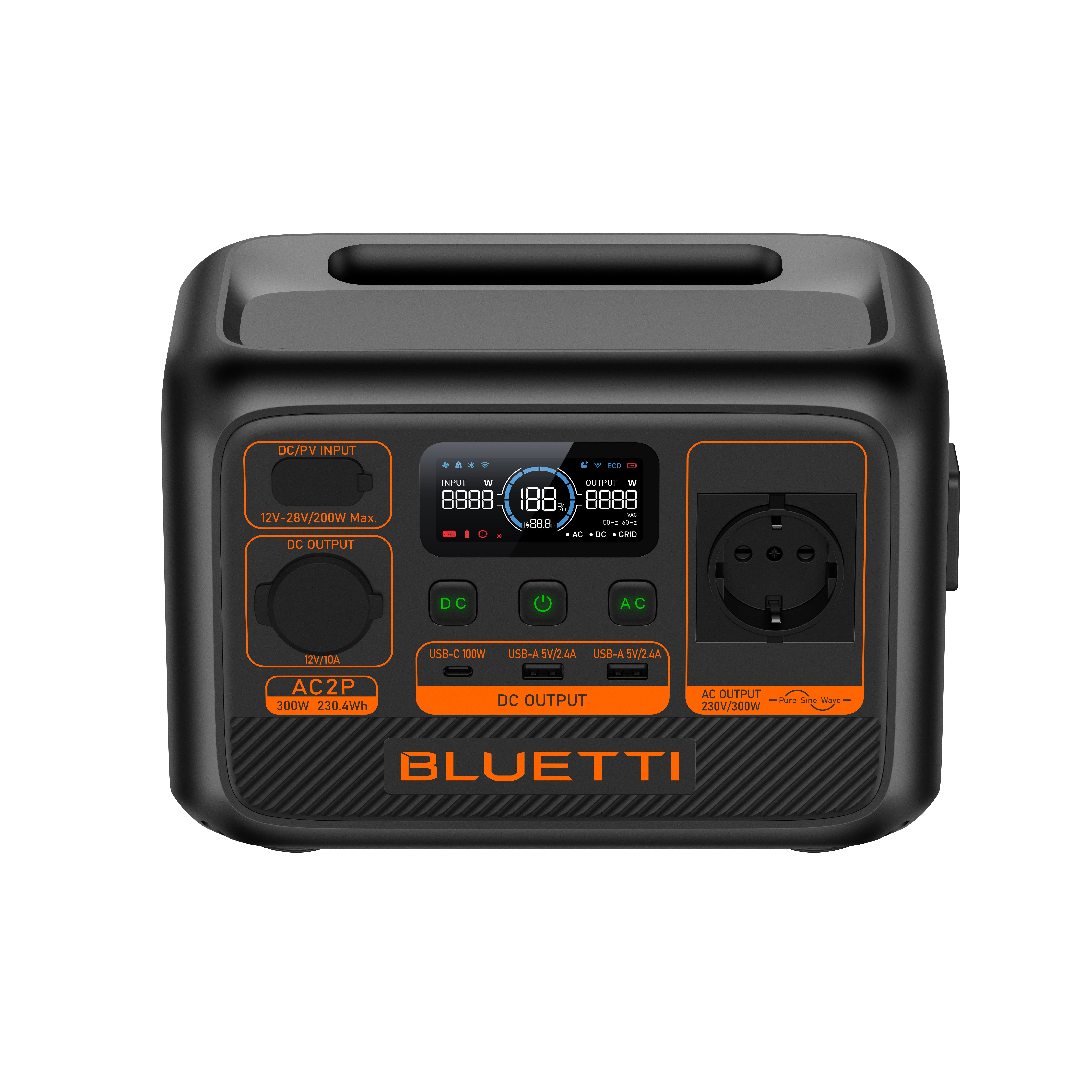 Czarno-pomarańczowa elektrownia z cyfrowym ekranem i różnymi portami. Białe tło.