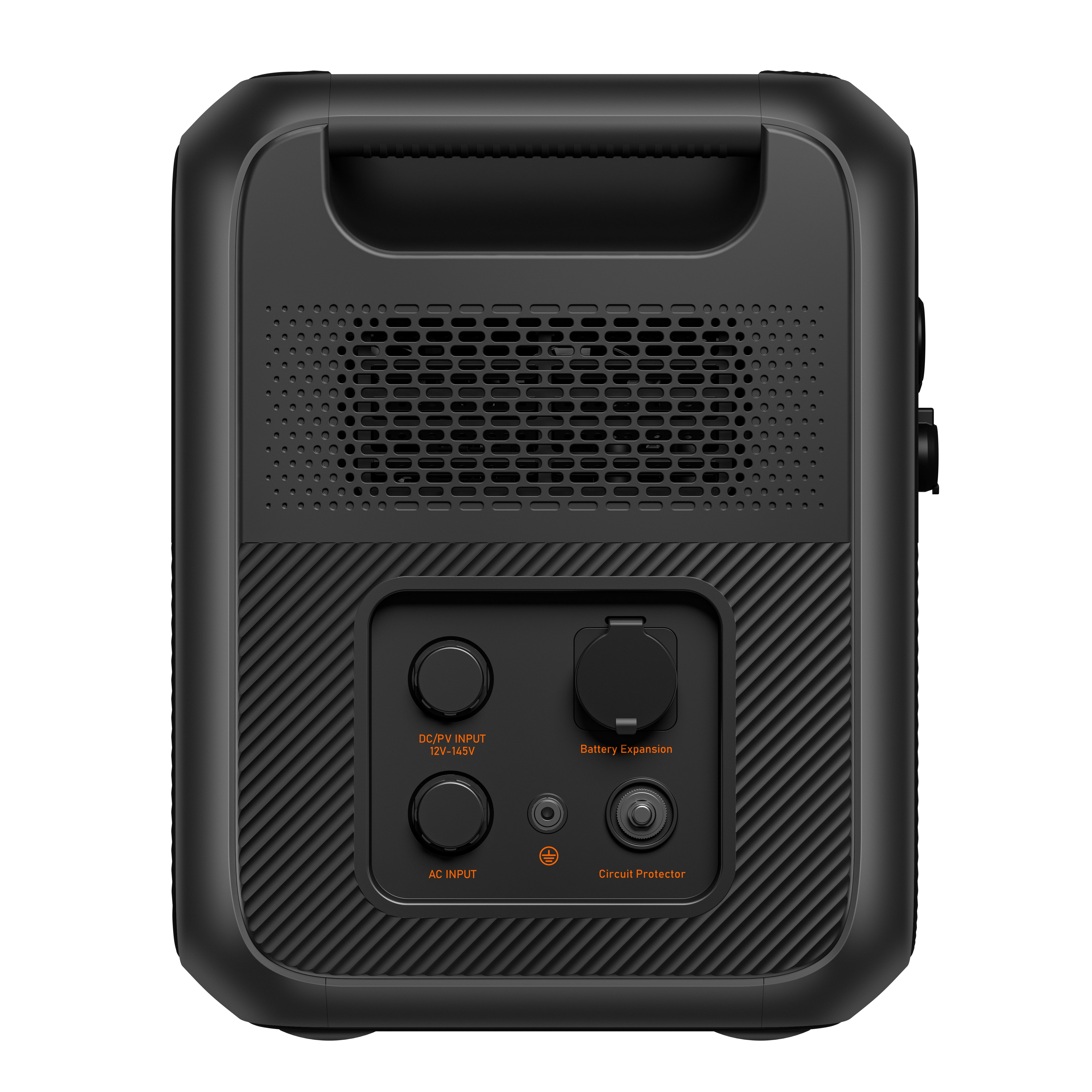 Widok z tyłu czarnej przenośnej elektrowni z portami i przyciskami sterowania na górze.