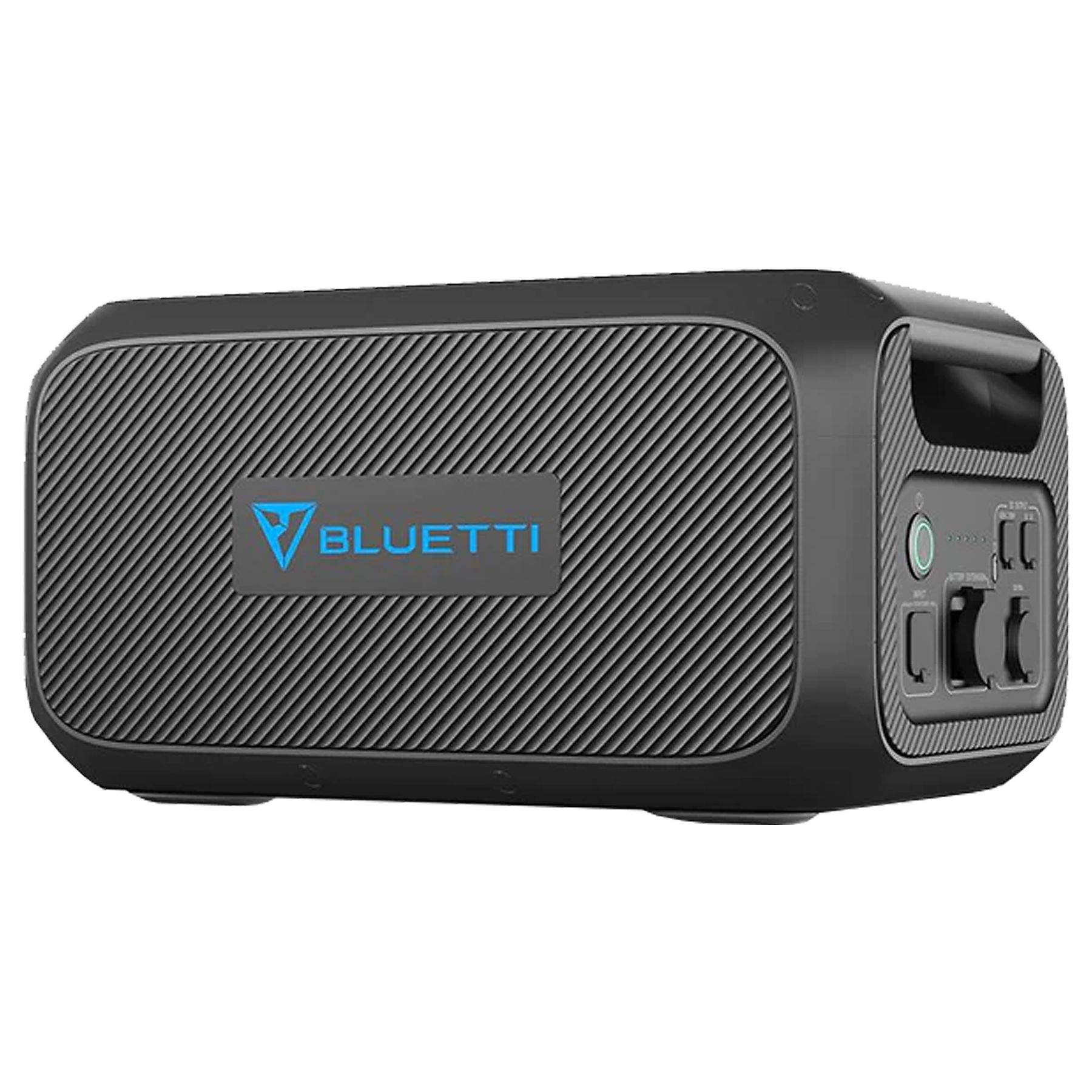 Czarna przenośna stacja zasilania. Posiada uchwyt, logo Bluetti i porty z boku.