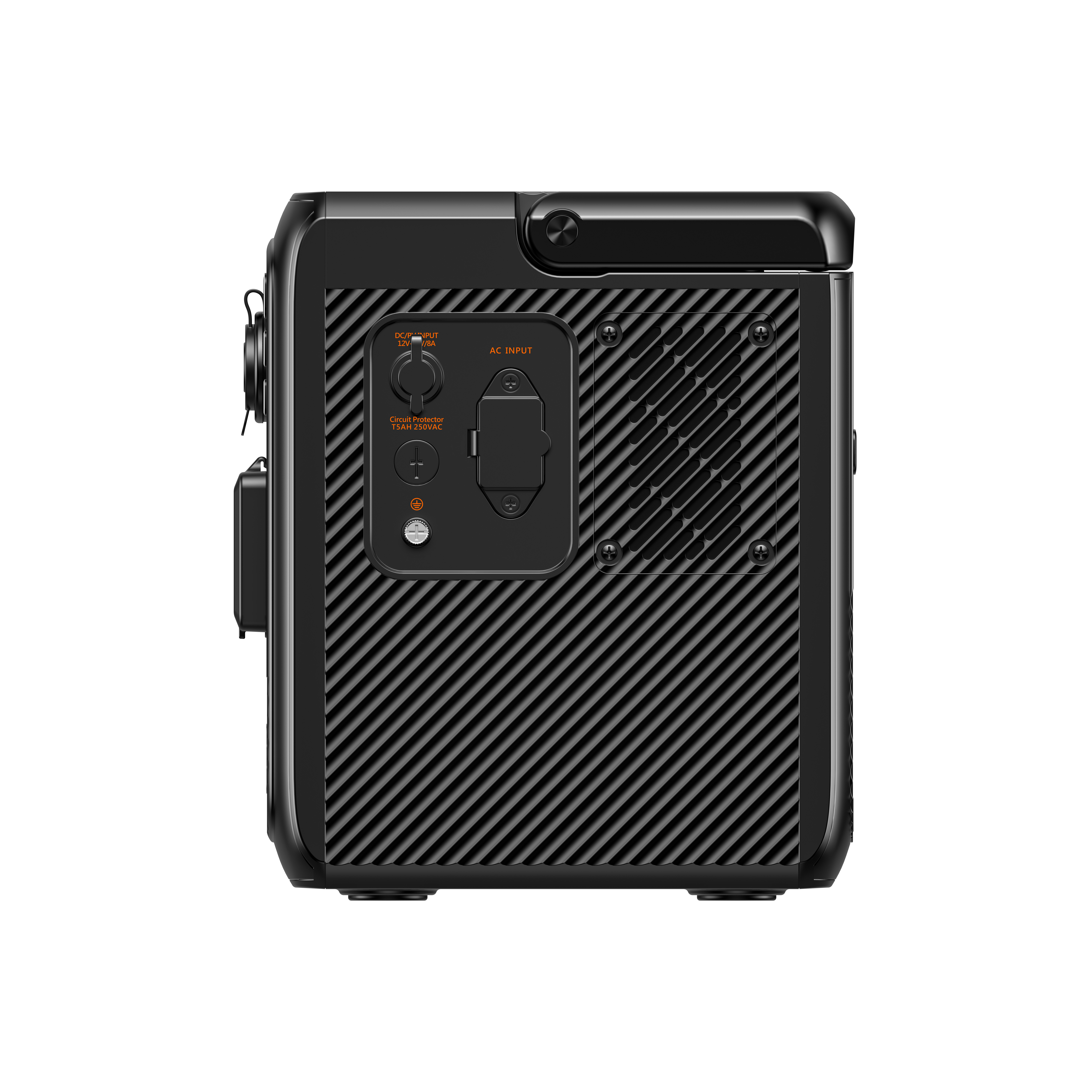 Czarna przenośna stacja zasilania z widocznymi portami wejściowymi i wyjściowymi AC.