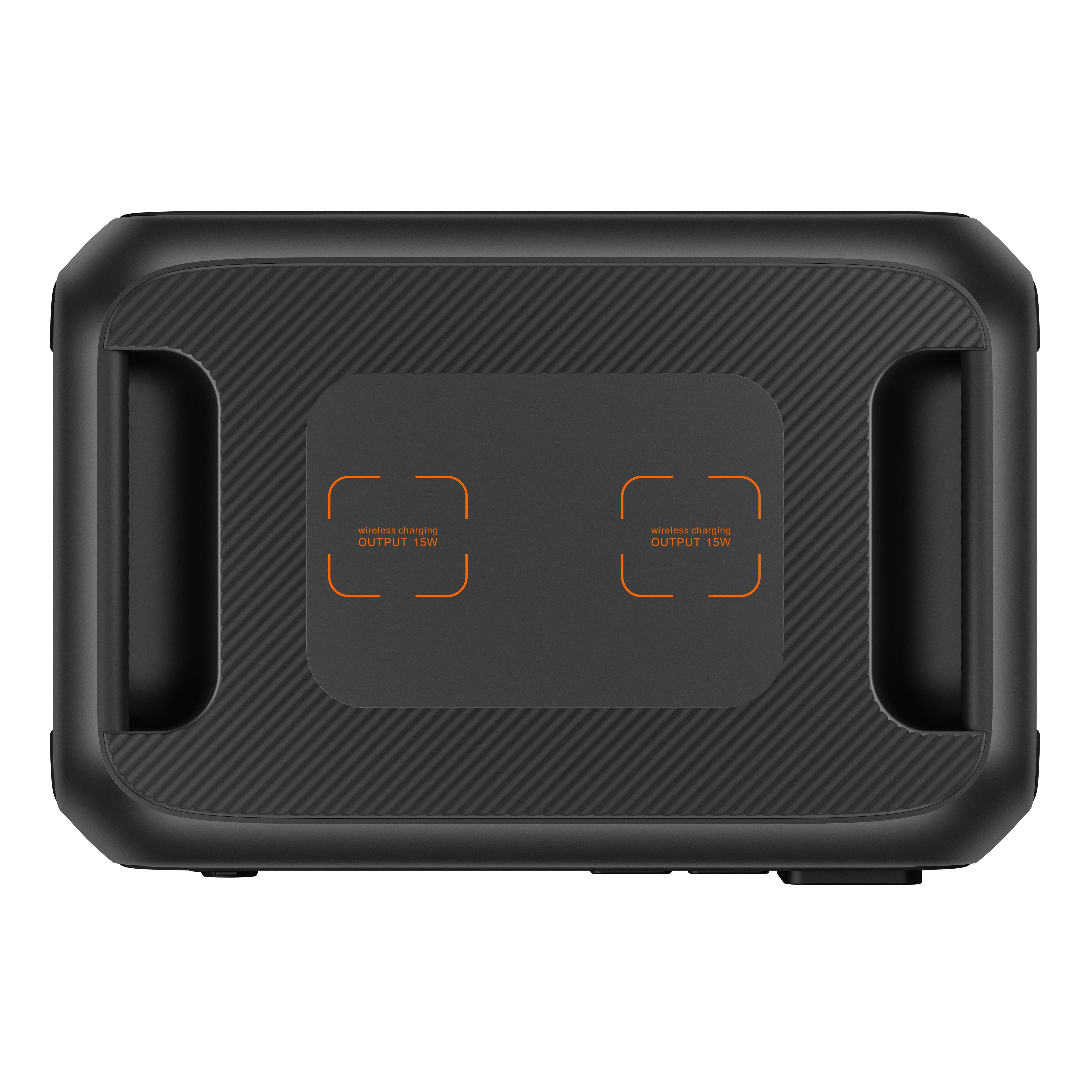 Czarna stacja zasilania z obszarami wyjścia ładowania bezprzewodowego, na białym tle.