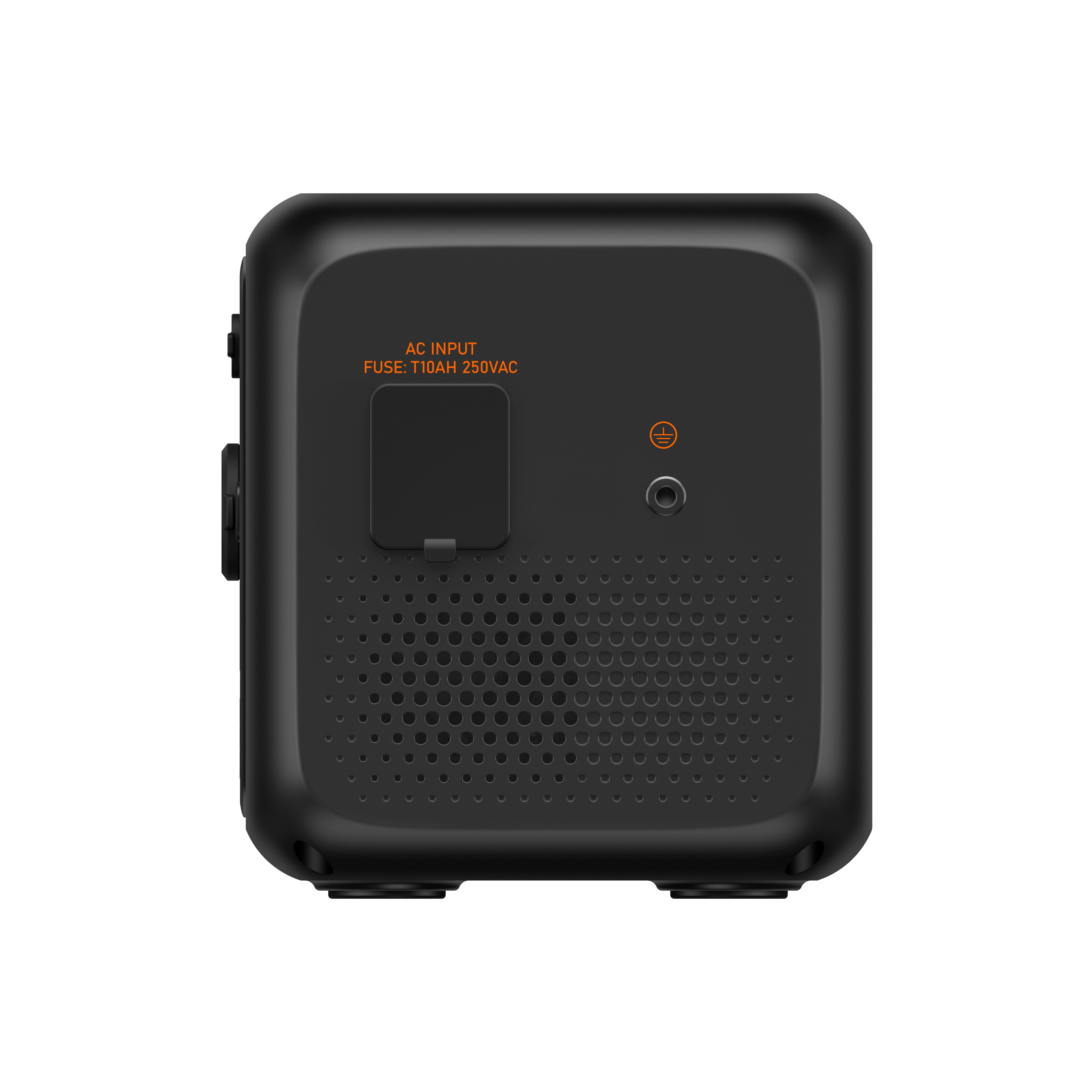 Czarny tył urządzenia z wejściem AC, informacjami o bezpieczniku i symbolem uziemienia.