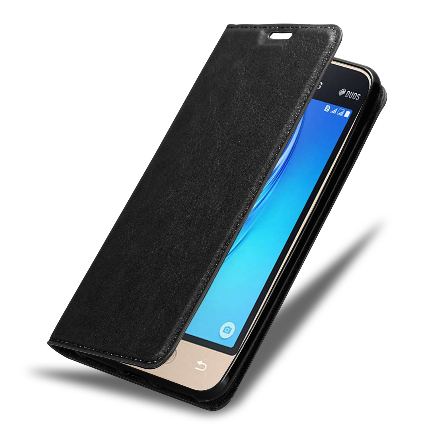 Ein schwarzes Telefon in einer schwarzen Ledertasche. Der Telefonbildschirm ist sichtbar und zeigt eine blaue Anzeige.
