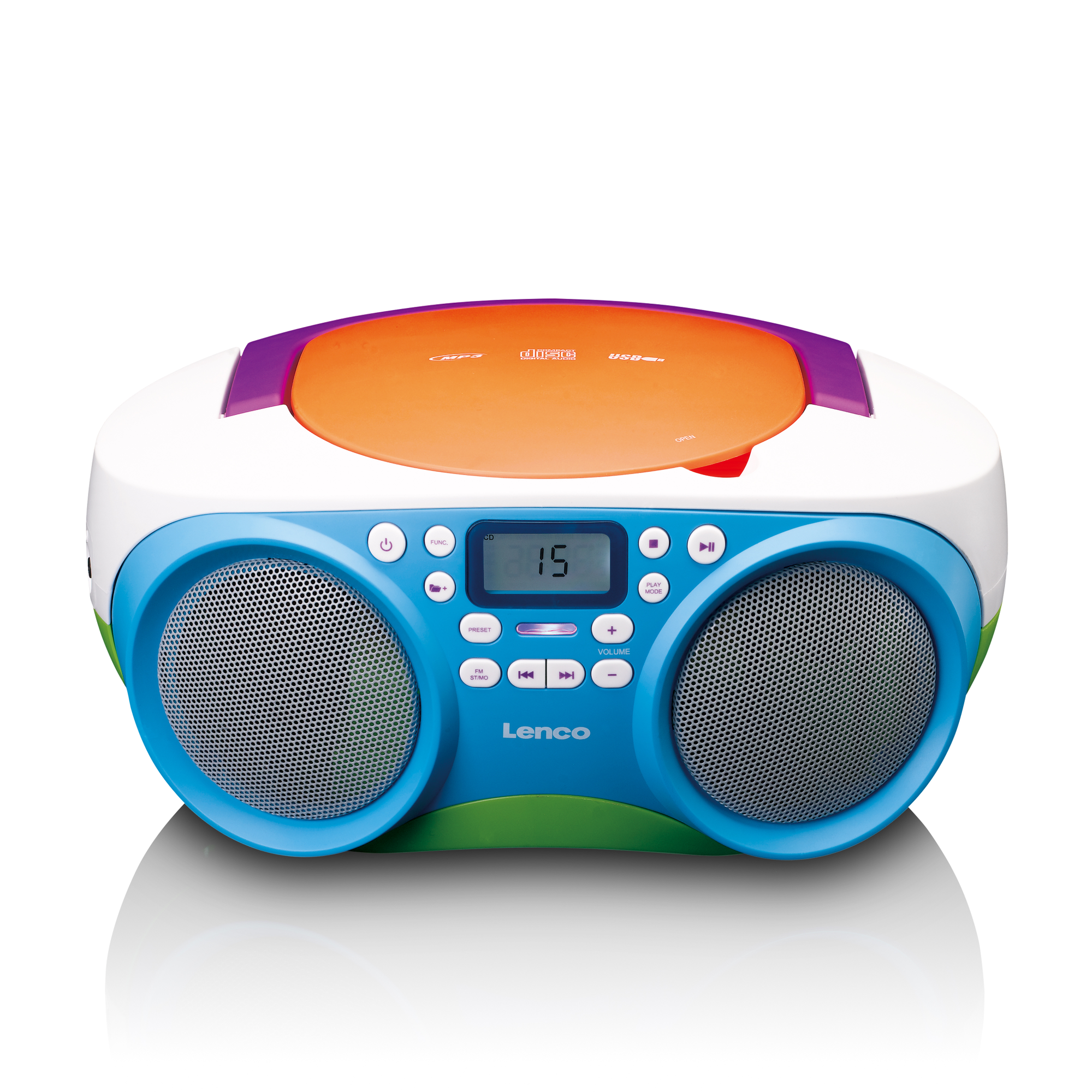 Ein farbenfroher Lenco-Boombox. Er hat einen CD-Player, Lautsprecher und Bedientasten.