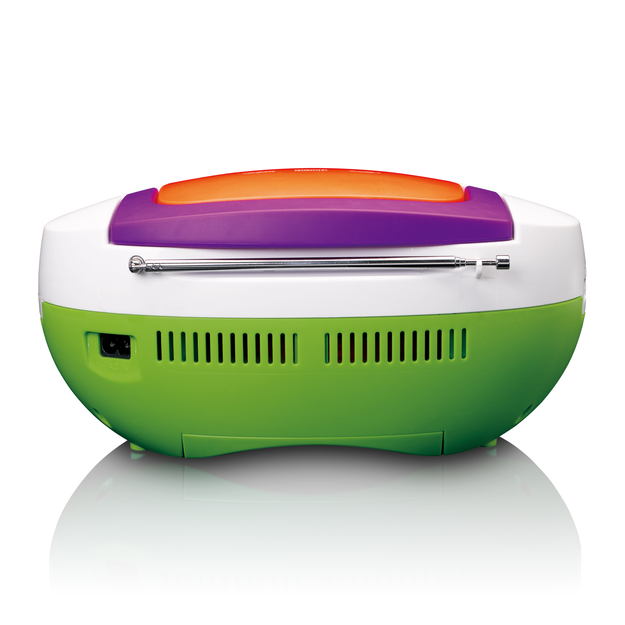 Mehrfarbige Boombox, weißer Körper, grüne und lila Akzente, Antenne und Netzanschluss sichtbar.