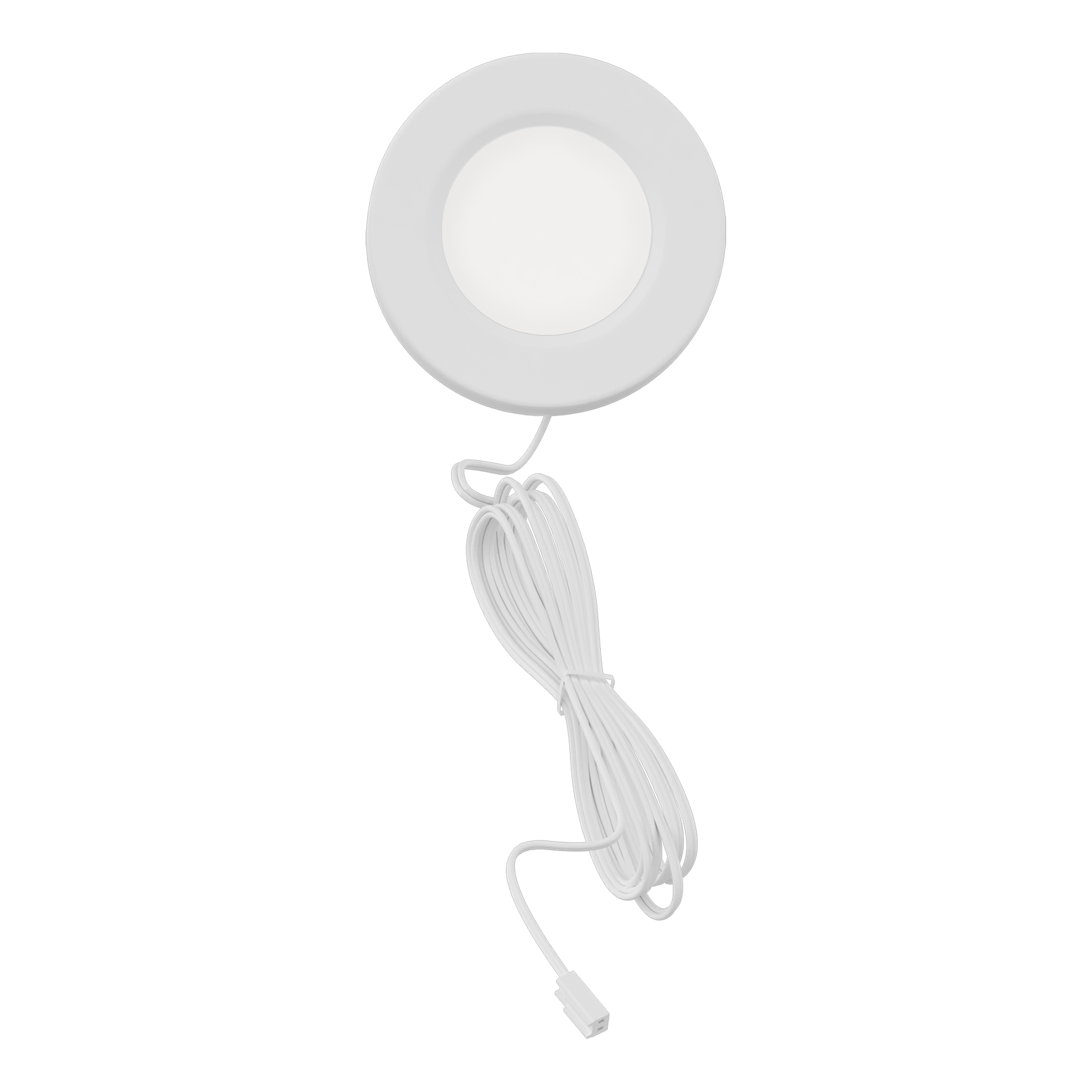 Białe, okrągłe oświetlenie wpuszczane z białym przewodem i złączem.