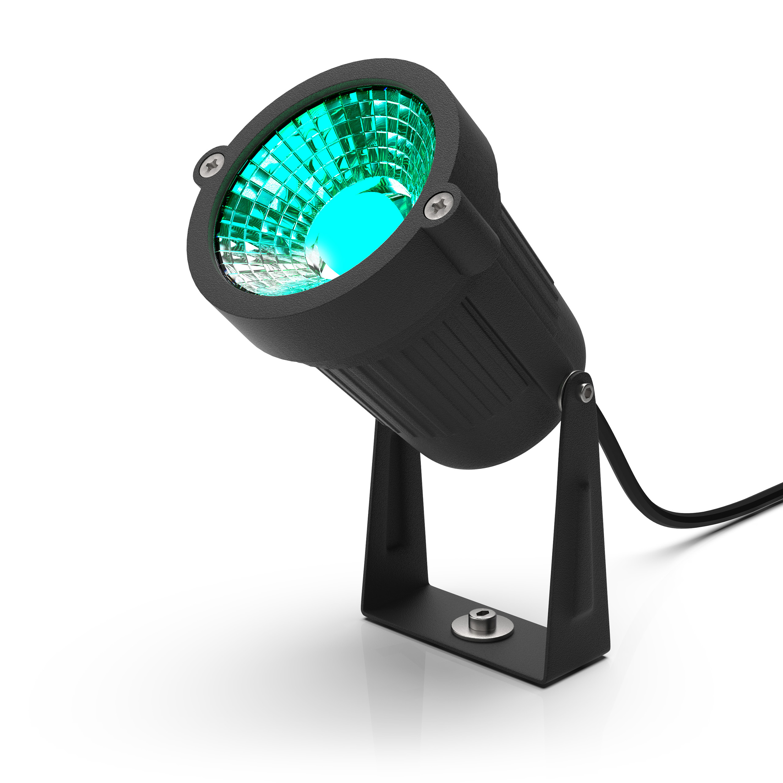 Black outdoor spotlight with green light shining upwards.