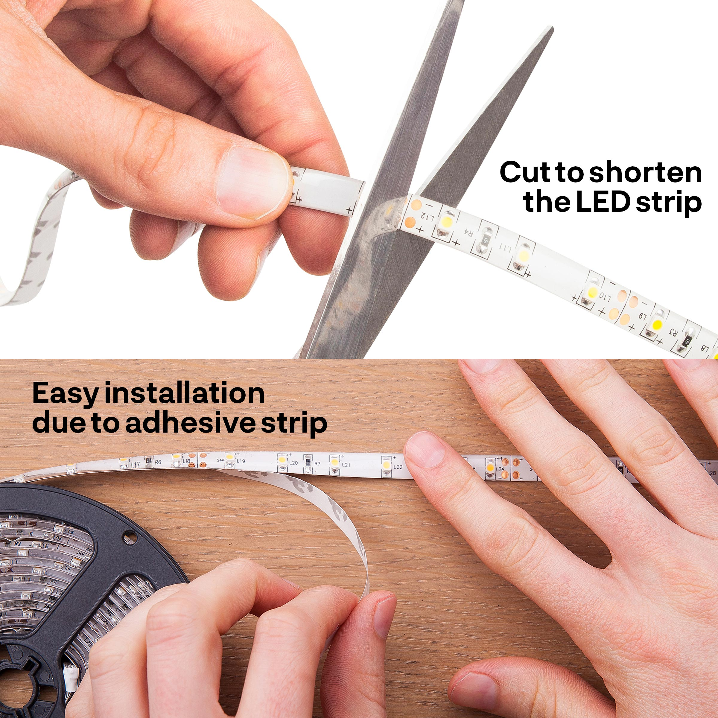 Schere schneidet einen LED-Streifen. Text sagt: Zum Kürzen des LED-Streifens und Einfache Installation.
