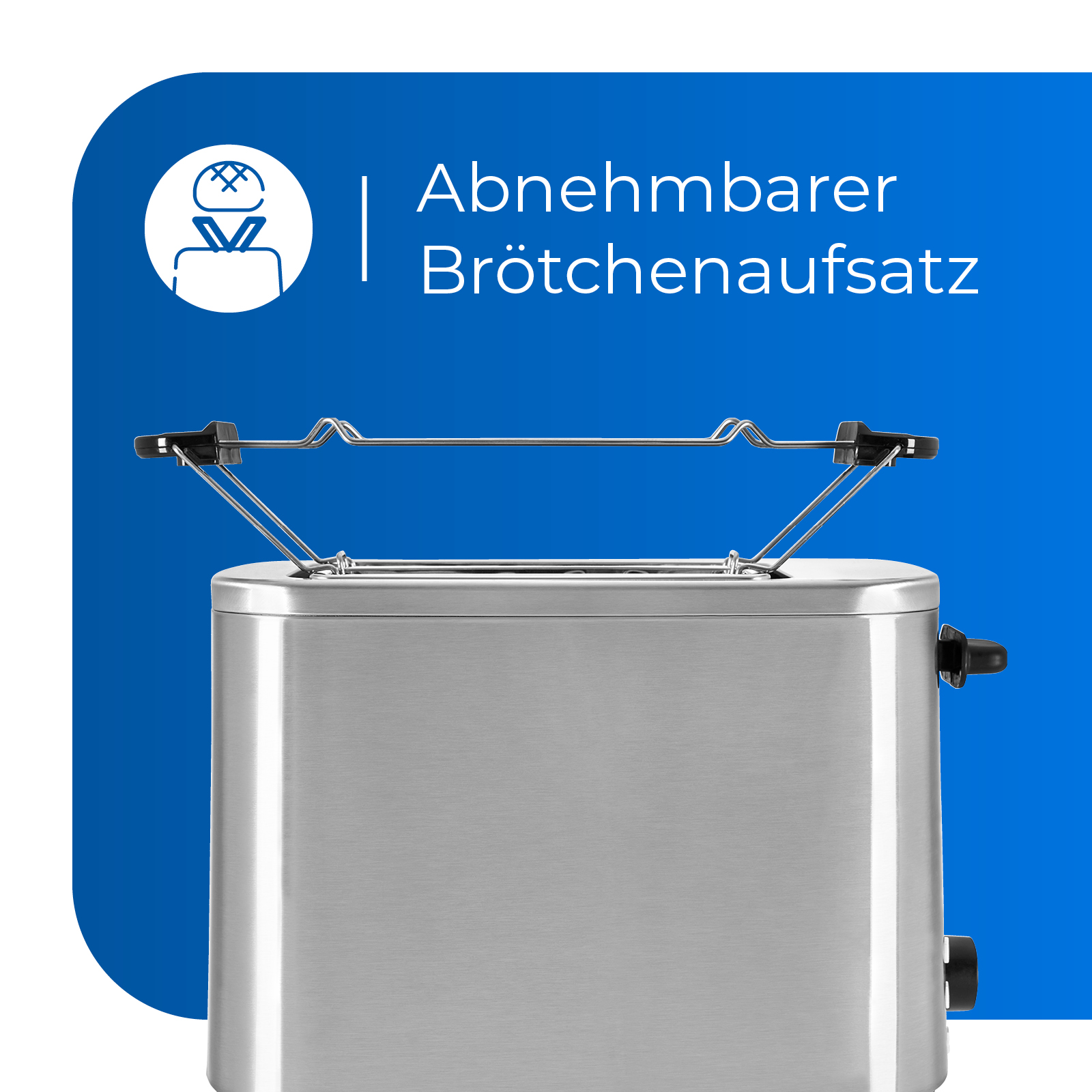 Edelstahl-Toaster mit abnehmbarem Brötchenaufsatz. Blauer Hintergrund.