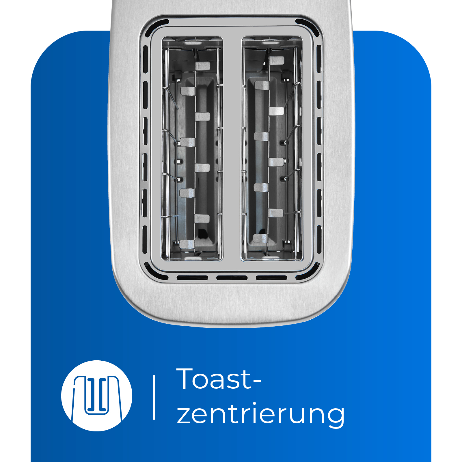 Draufsicht auf einen Toaster mit zwei Schlitzen, vor blauem Hintergrund mit weißem Symbol.