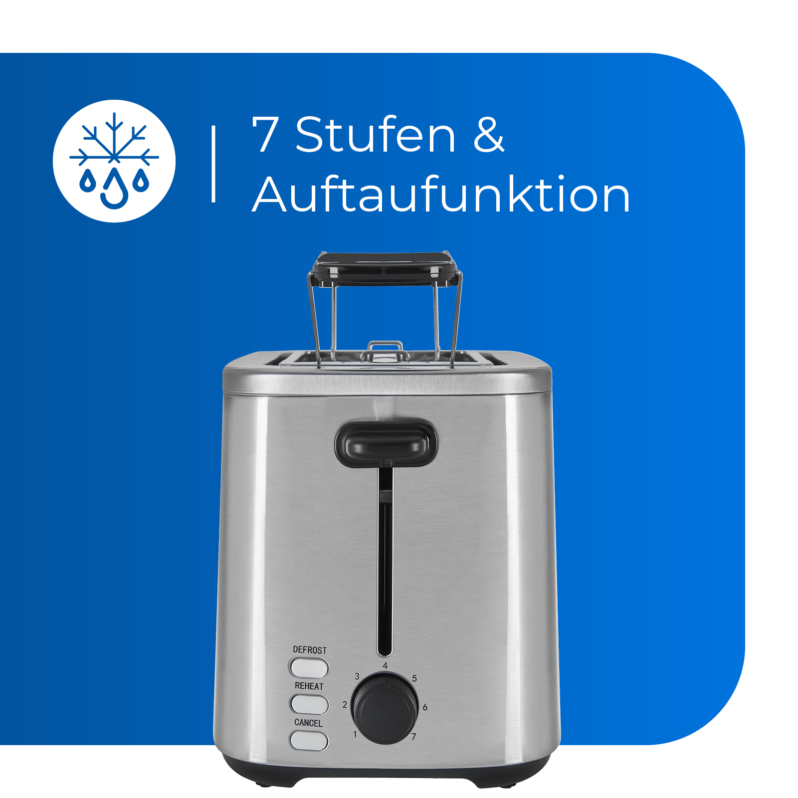 Ein Toaster aus Edelstahl mit Knöpfen und Text auf blauem Hintergrund.