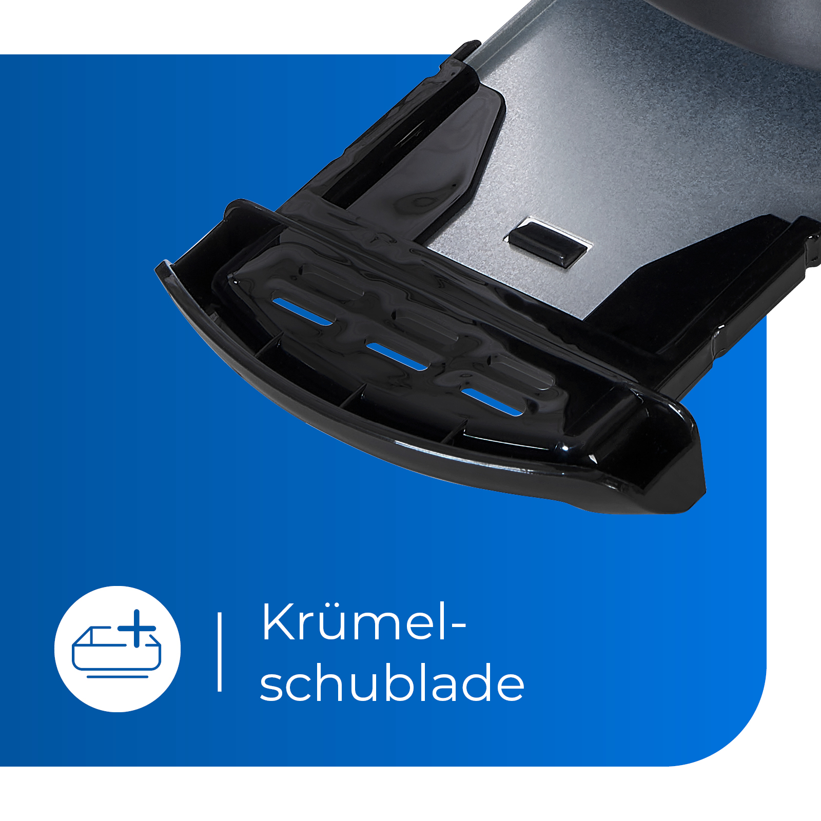 Ein schwarzes Kunststoffteil mit Logo und Text auf blauem Hintergrund. Der Text ist auf Deutsch.