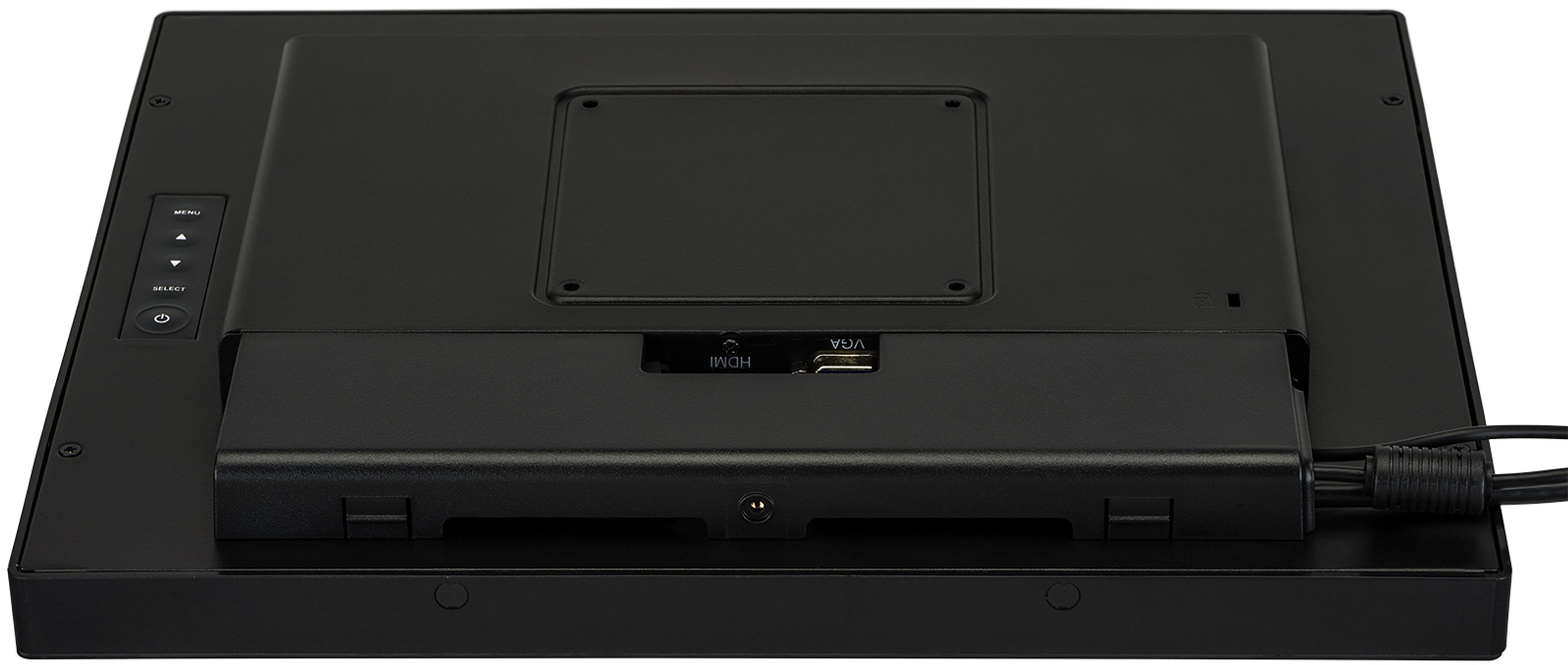 Tył czarnego monitora komputera, z portami i przyciskami. Obecne porty HDMI i USB.
