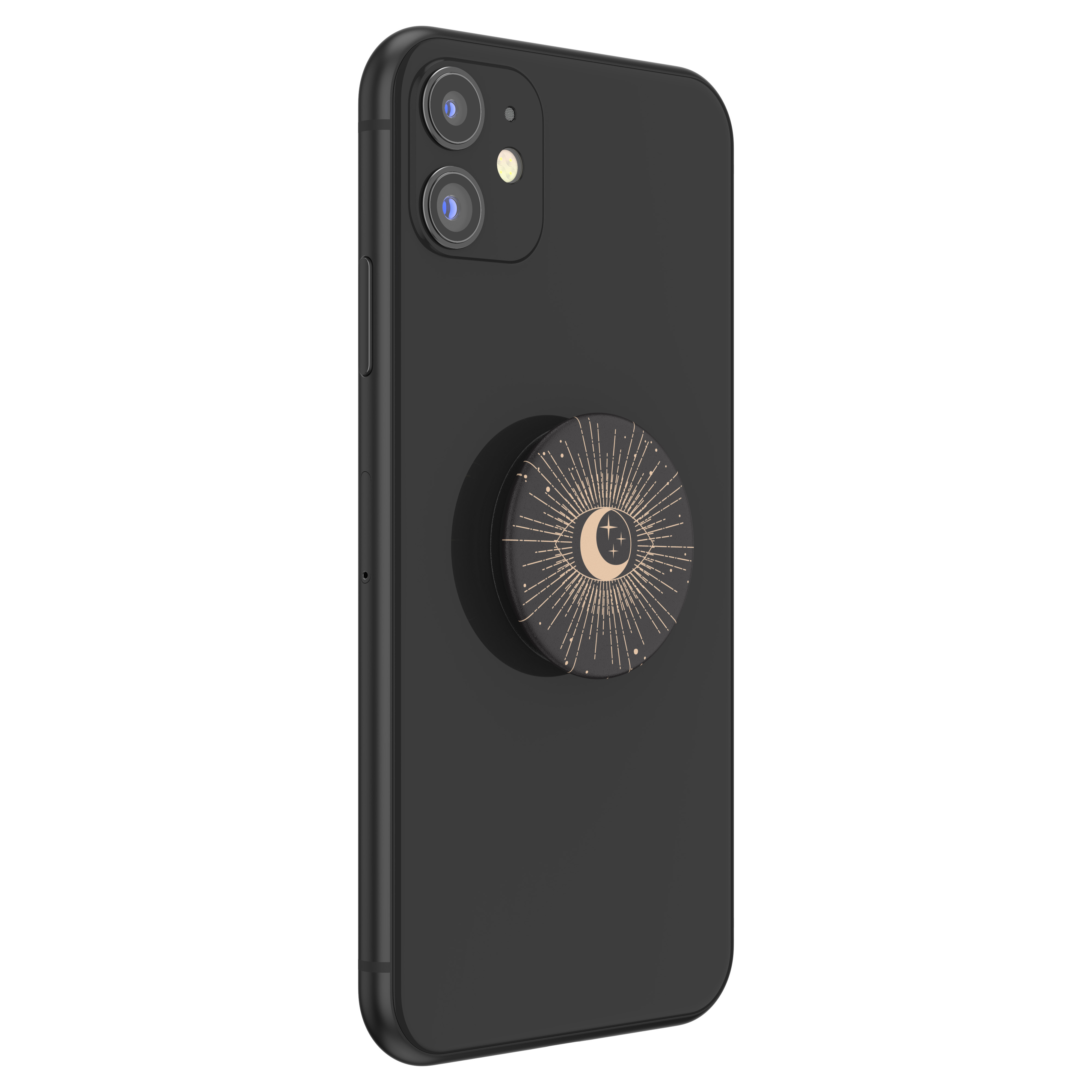 Schwarzes Telefon mit rundem Pop-up-Sockel, Mond- und Sonnendesign.