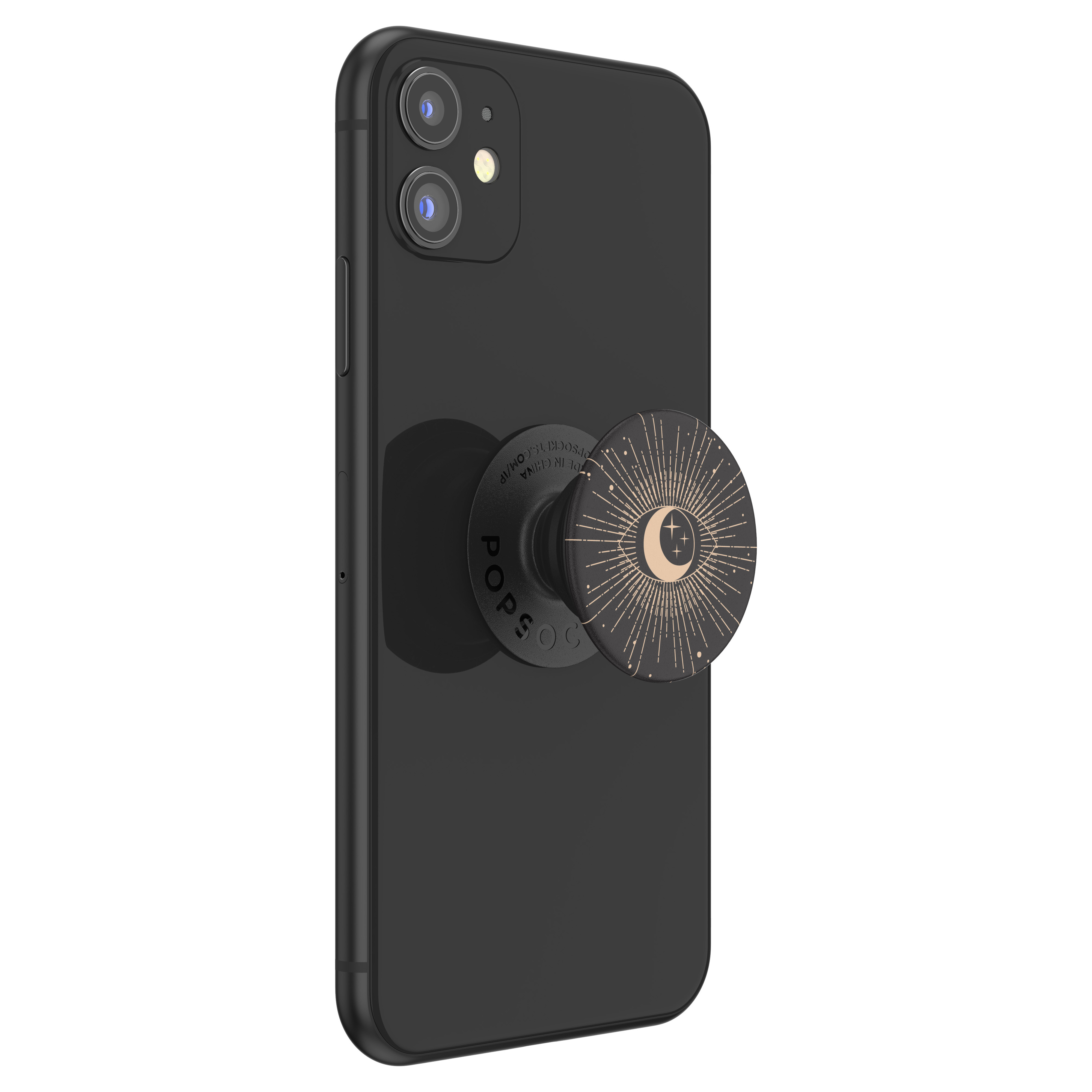 Schwarzes Telefon mit einem Pop-Socket mit goldenem Mond und Sternen.