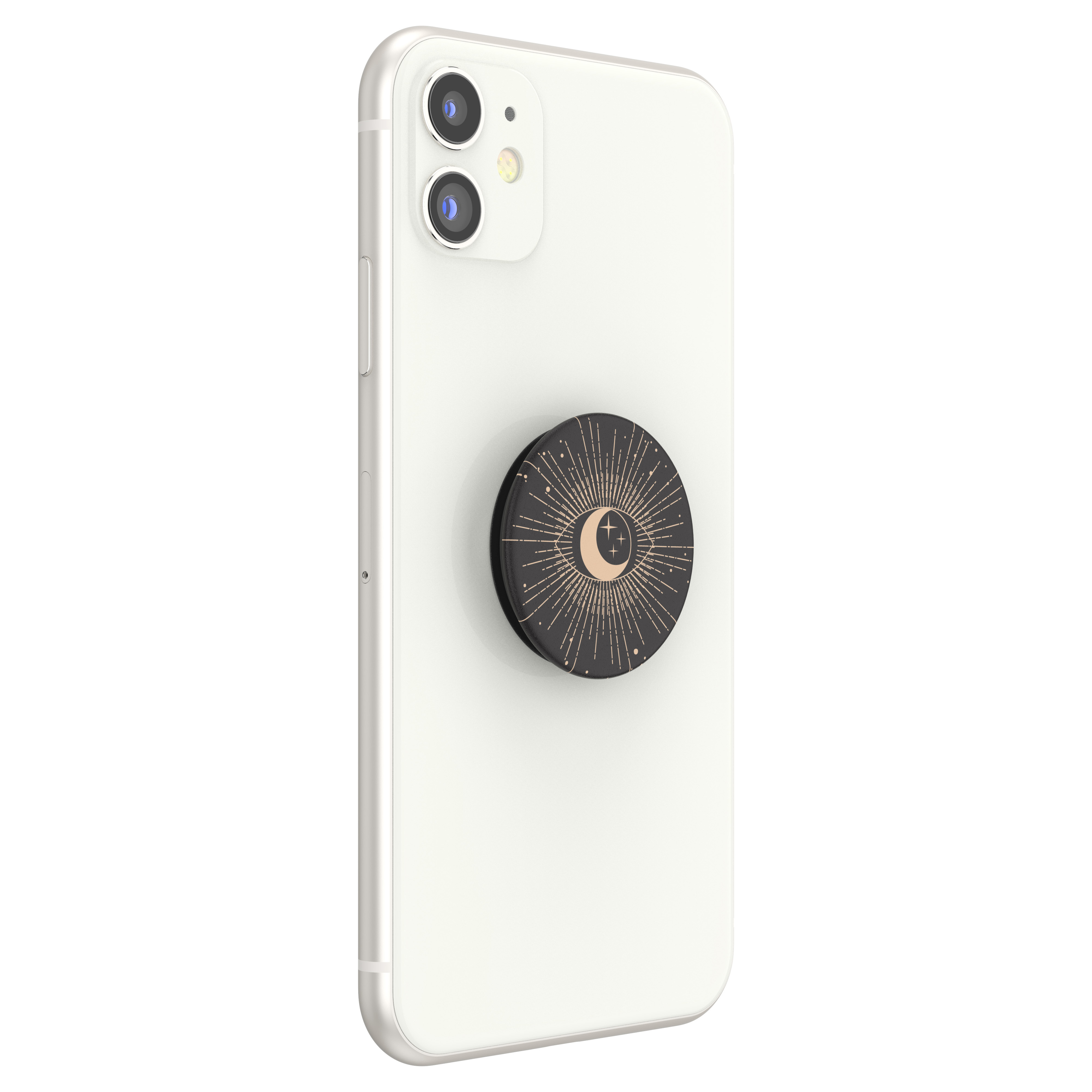 Weißes Telefon hinten mit einem schwarzen PopSocket mit Mond- und Sonnendesign.