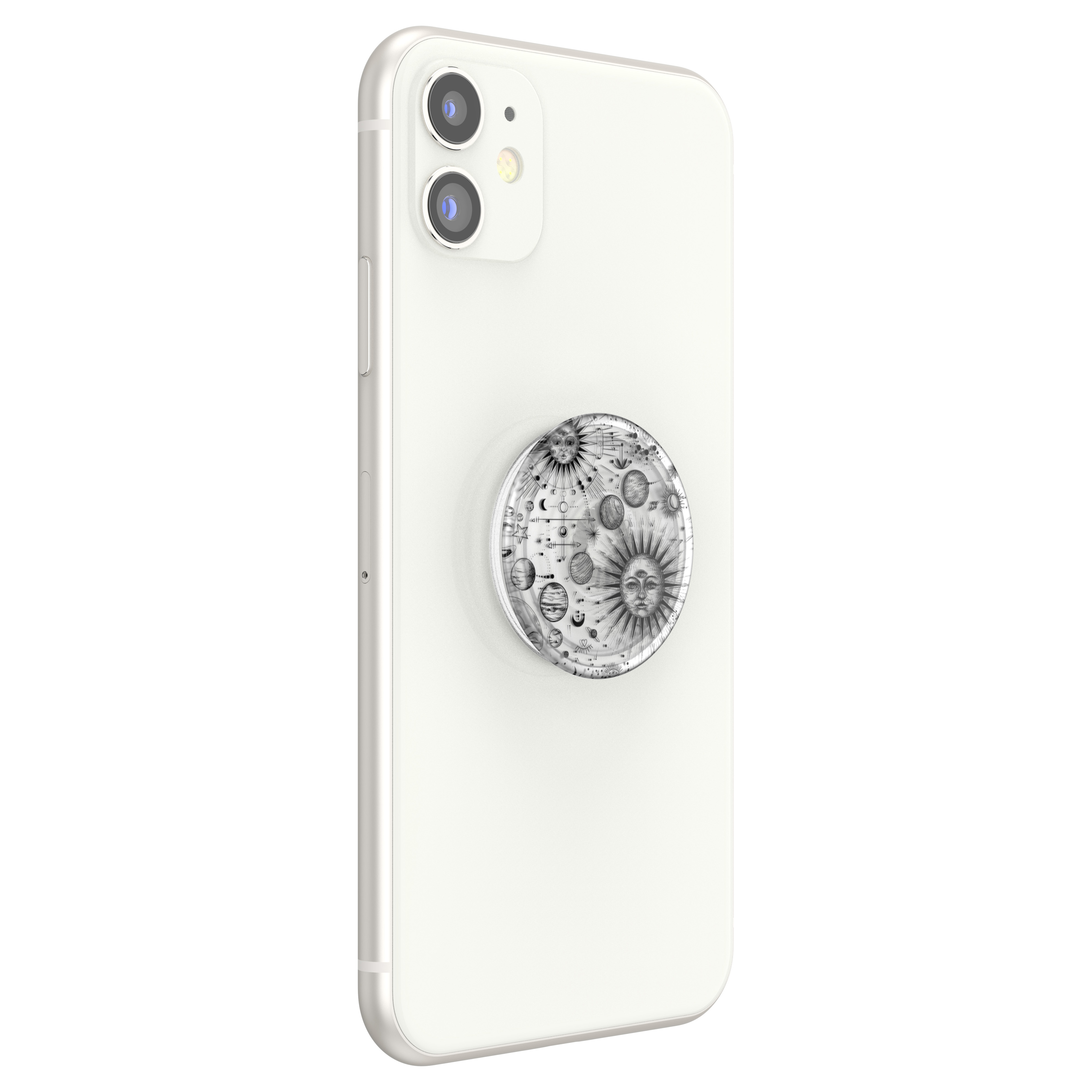 Weißes Telefon mit einem runden Pop-Socket. Das Pop-Socket hat ein Sonnen- und Mond-Design.