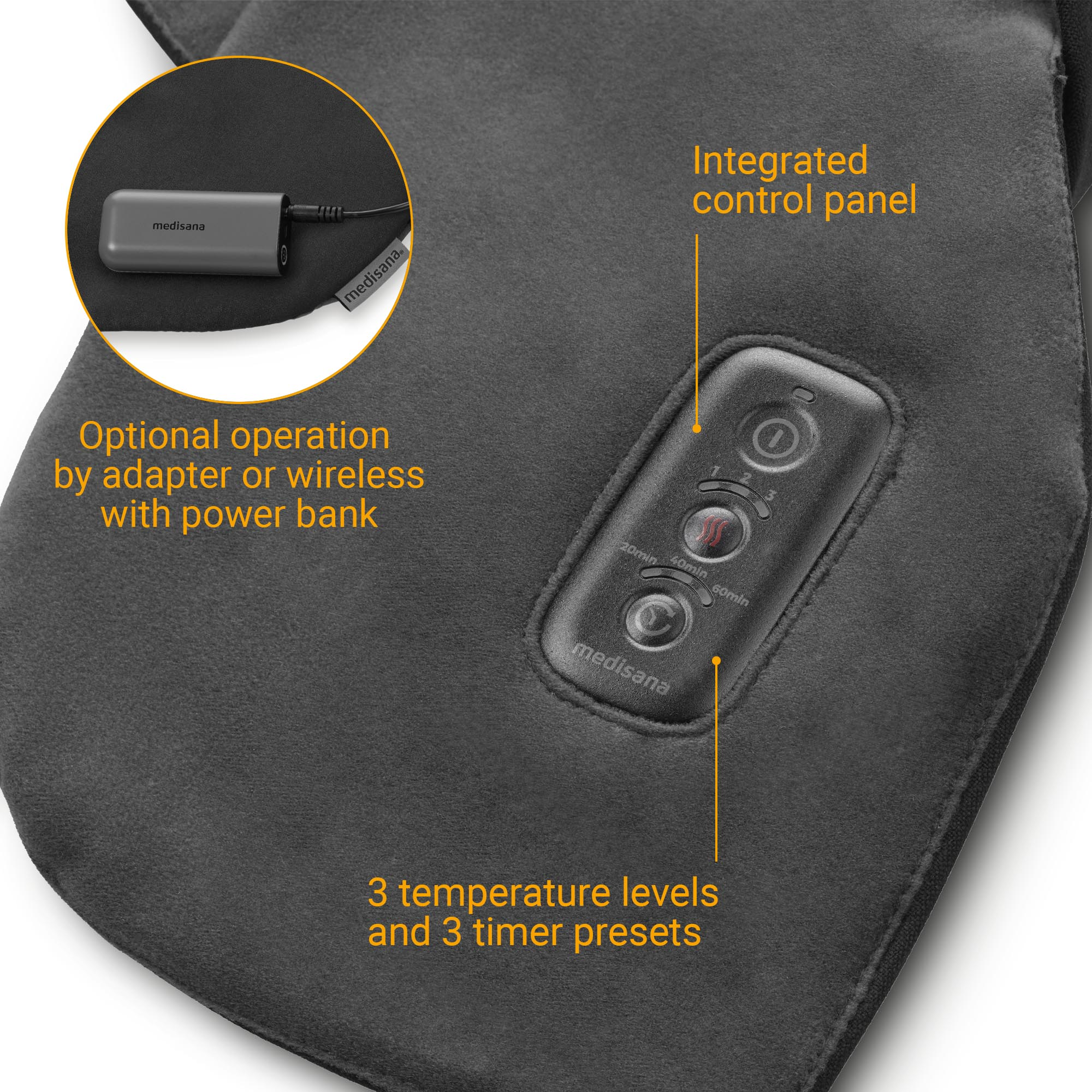 Masajeador de cuello medisana negro con panel de control integrado y banco de energía. Detalles etiquetados.